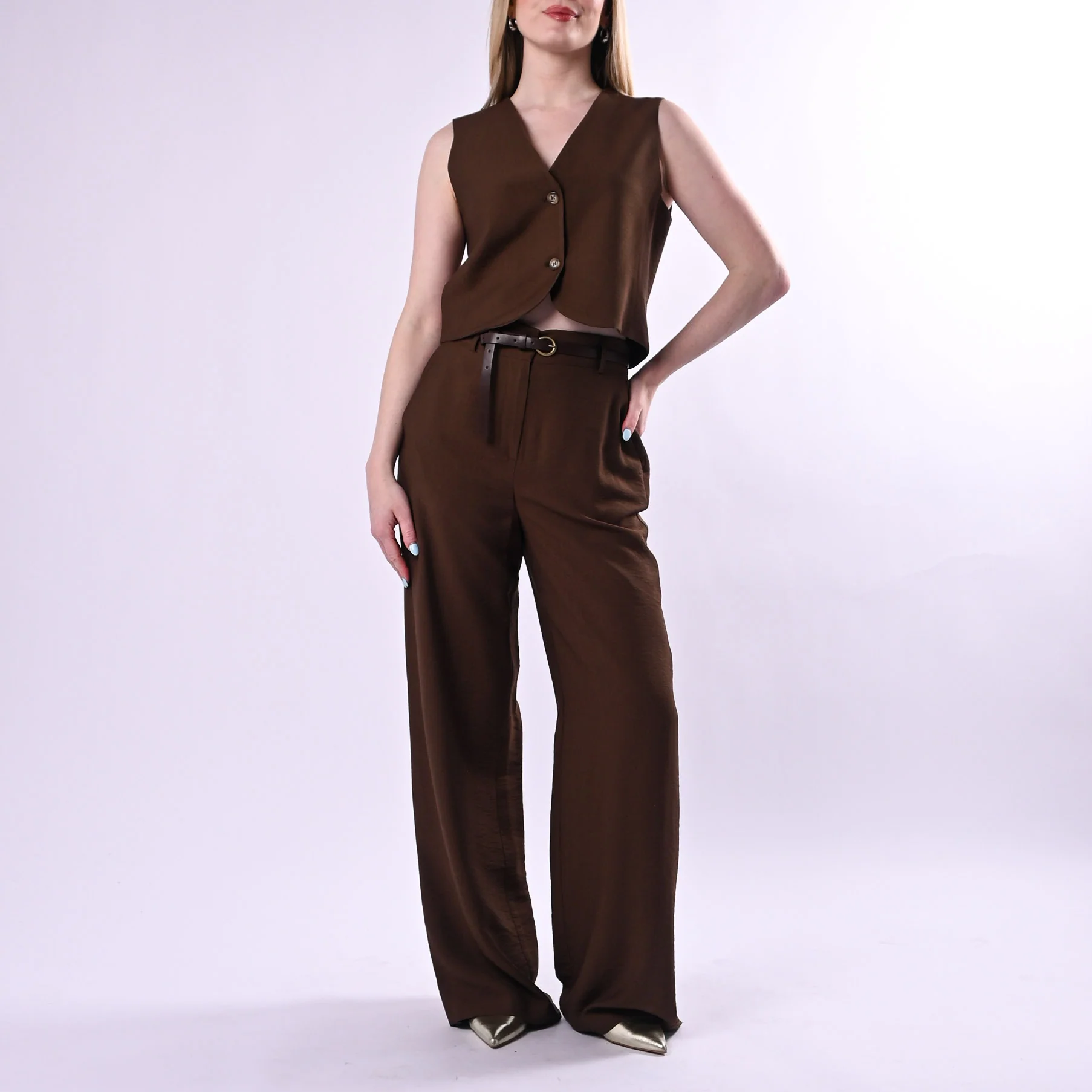 HAVEONE - PANTALONE PALAZZO FLUIDO IN VISCOSA ART.PIA-Q532/M - MORO - Image 5