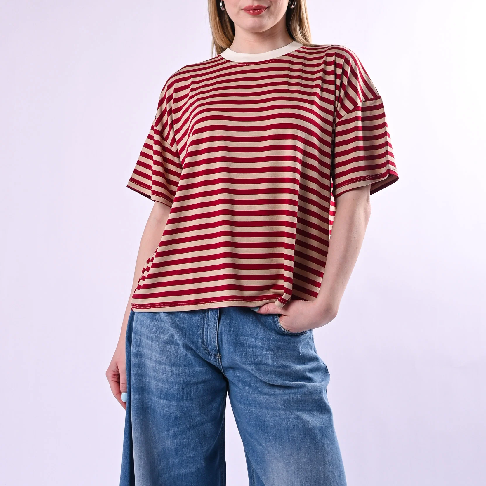 HAVEONE - T-SHIRT RIGHE COLLO CONTRASTO ART.MJS-Q164/BBI - BURRO/BEIGE/INDIA