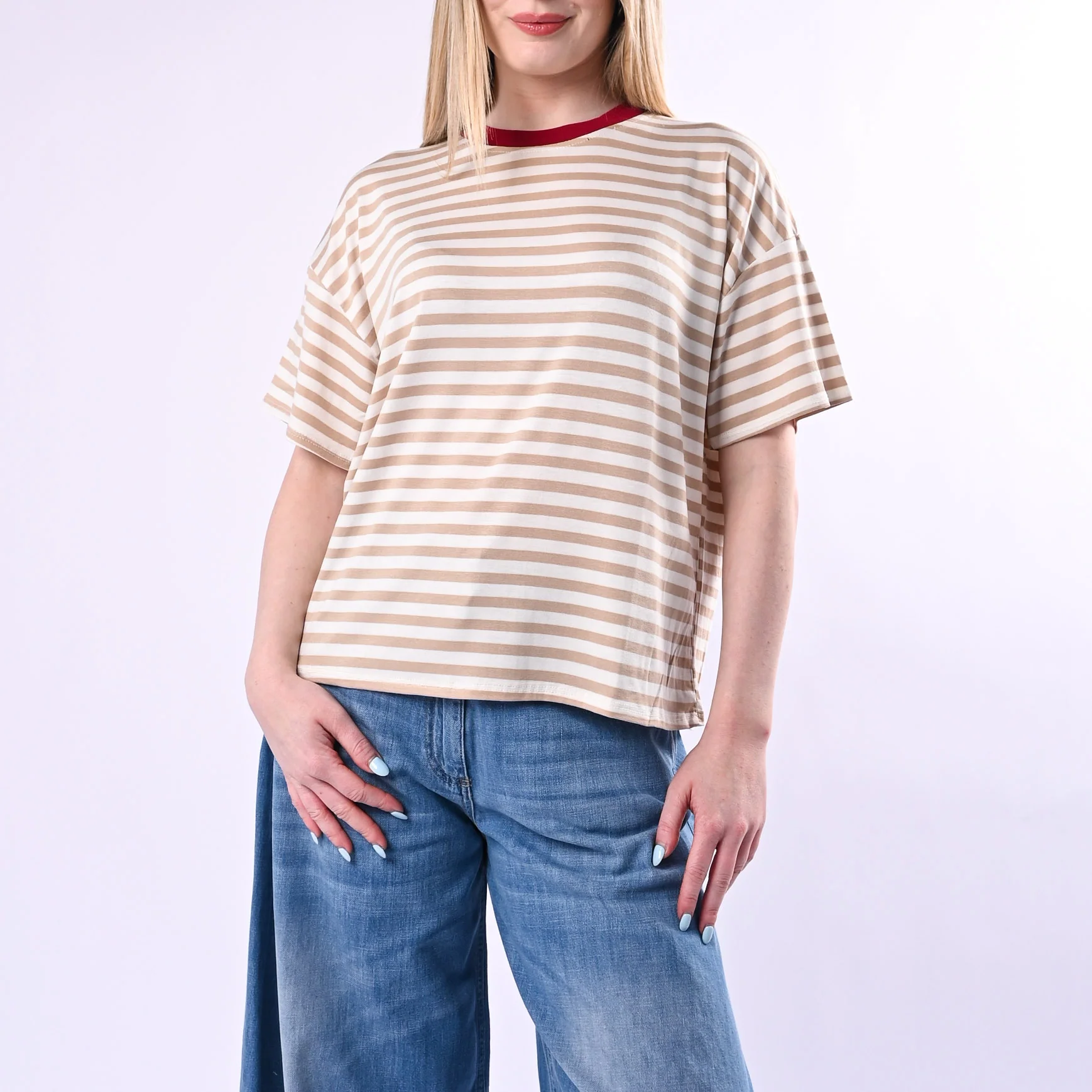HAVEONE - T-SHIRT RIGHE COLLO CONTRASTO ART.MJS-Q164/BPI - BEIGE/PANNA/INDIA