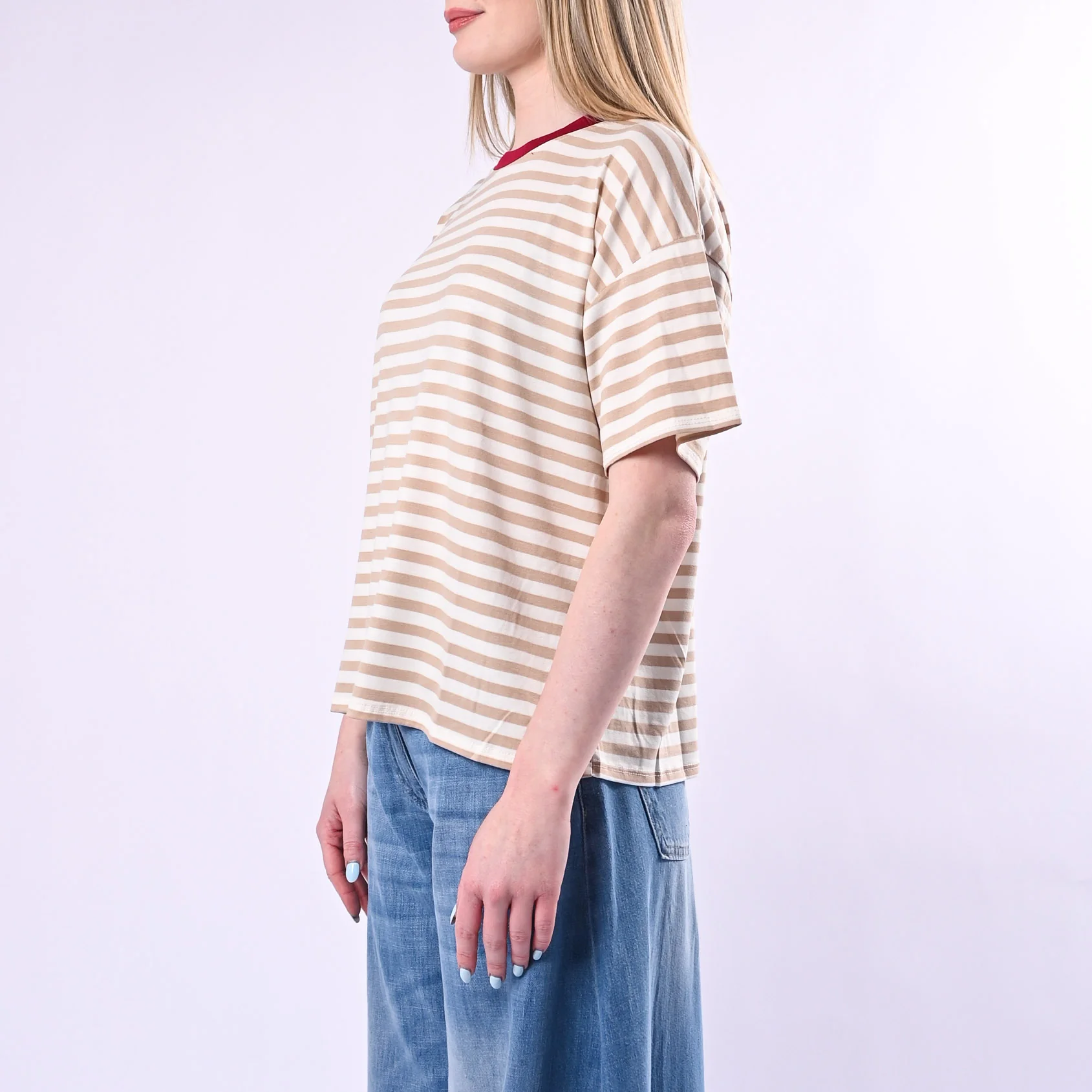 HAVEONE - T-SHIRT RIGHE COLLO CONTRASTO ART.MJS-Q164/BPI - BEIGE/PANNA/INDIA - Image 3