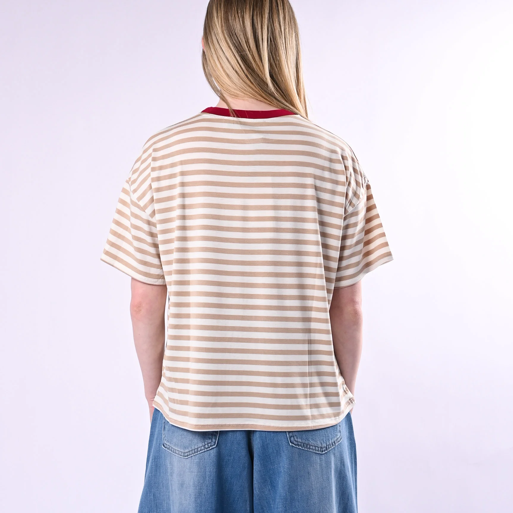 HAVEONE - T-SHIRT RIGHE COLLO CONTRASTO ART.MJS-Q164/BPI - BEIGE/PANNA/INDIA - Image 4