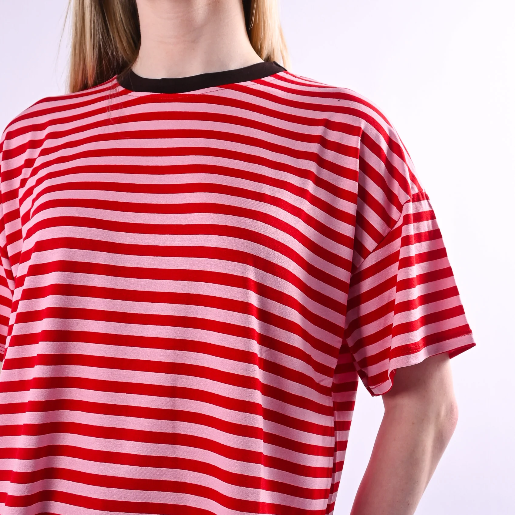 HAVEONE - T-SHIRT RIGHE COLLO CONTRASTO ART.MJS-Q164/RRM - ROSA/ROSSO/MORO - Image 5
