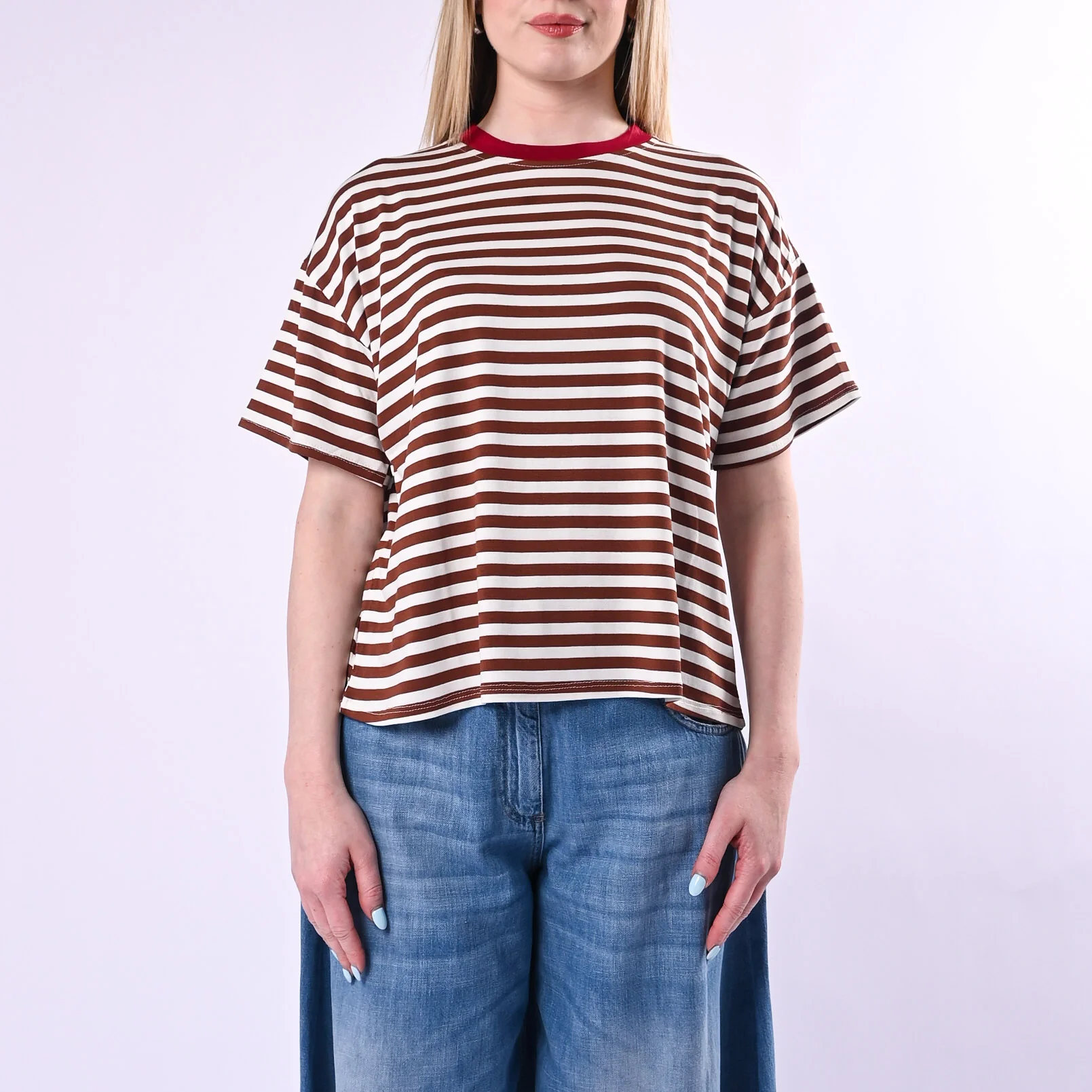 HAVEONE - T-SHIRT RIGHE COLLO CONTRASTO ART.MJS-Q164/TPI - TABACCO/PANNA/INDIA - Image 2