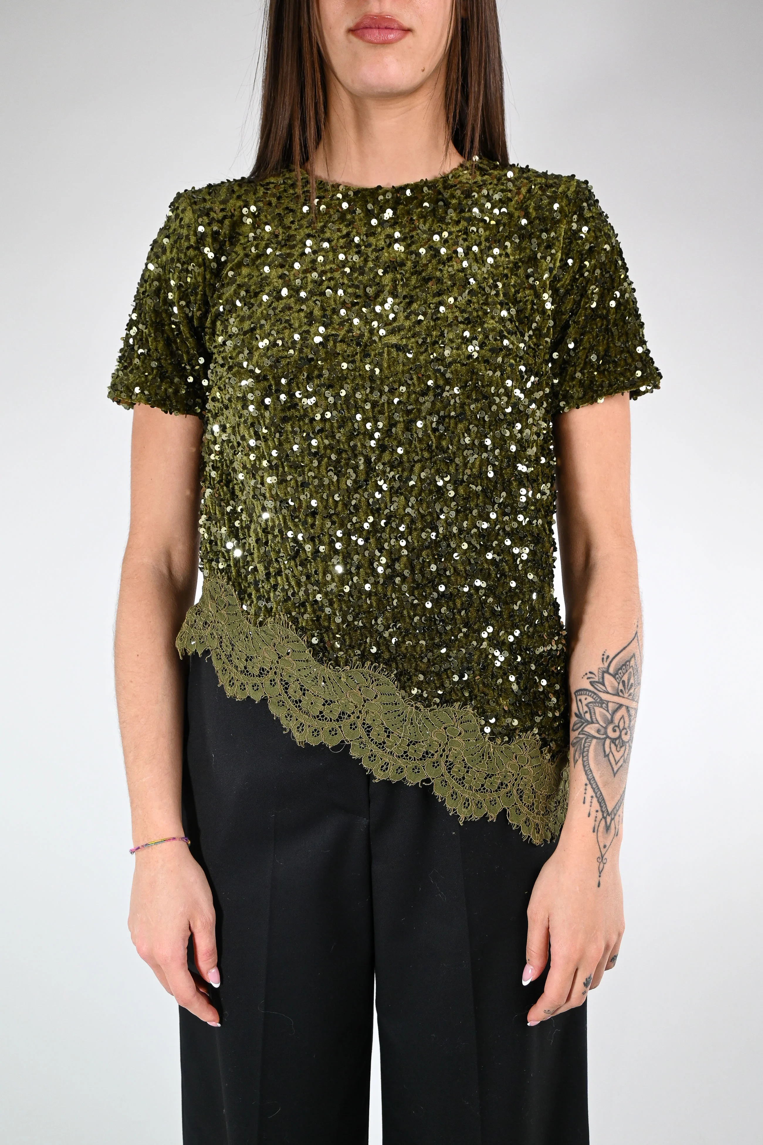 MOTEL - BLUSA PAILLETTES ASIMMETRICA+PIZZO ART.W25CC74 - MILITARE - Image 2