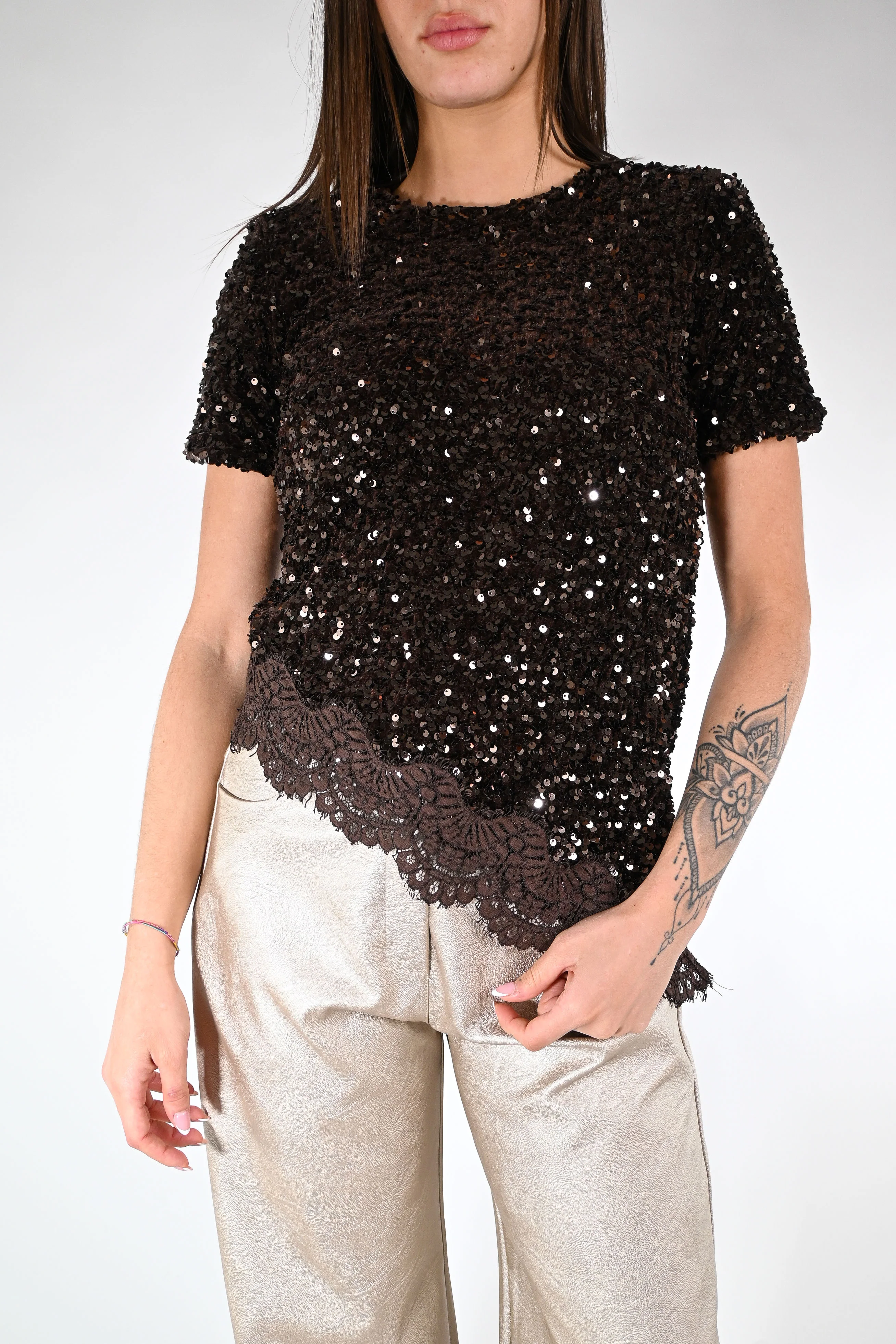 MOTEL - BLUSA PAILLETTES ASIMMETRICA+PIZZO ART.W25CC74 - MORO - Image 2