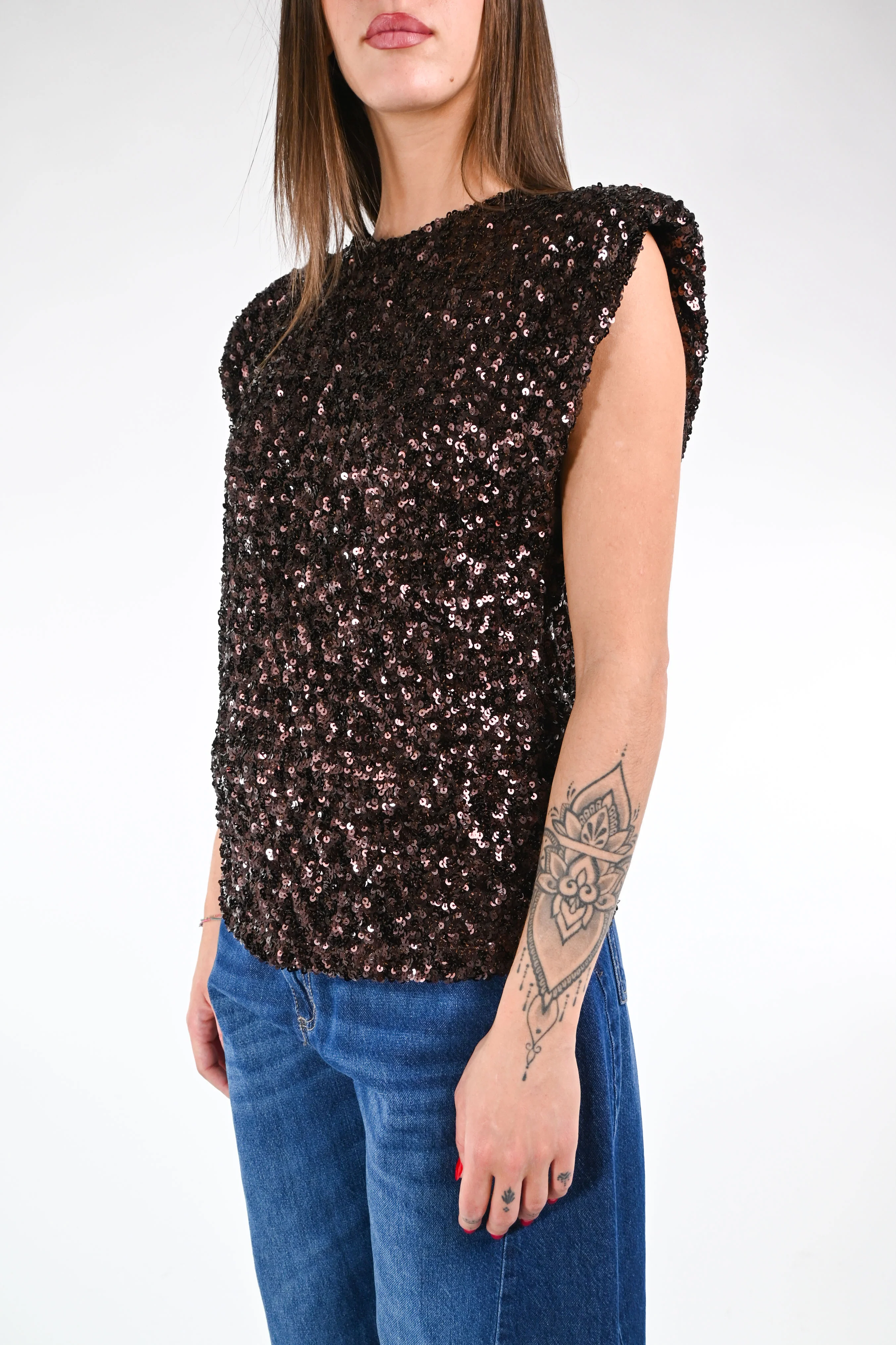 MOTEL - BLUSA SENZA MANICHE CON PAILLETTES ART.W25MA30 - MORO - Image 3