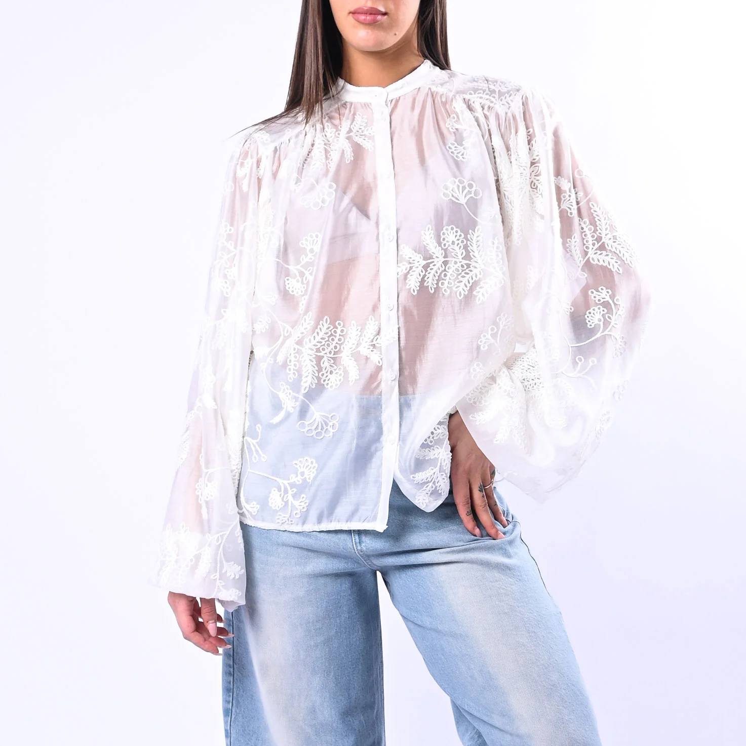 MOTEL - CAMICIA COREANA IN TENCEL RICAMATA ART.C30117MO - BIANCO