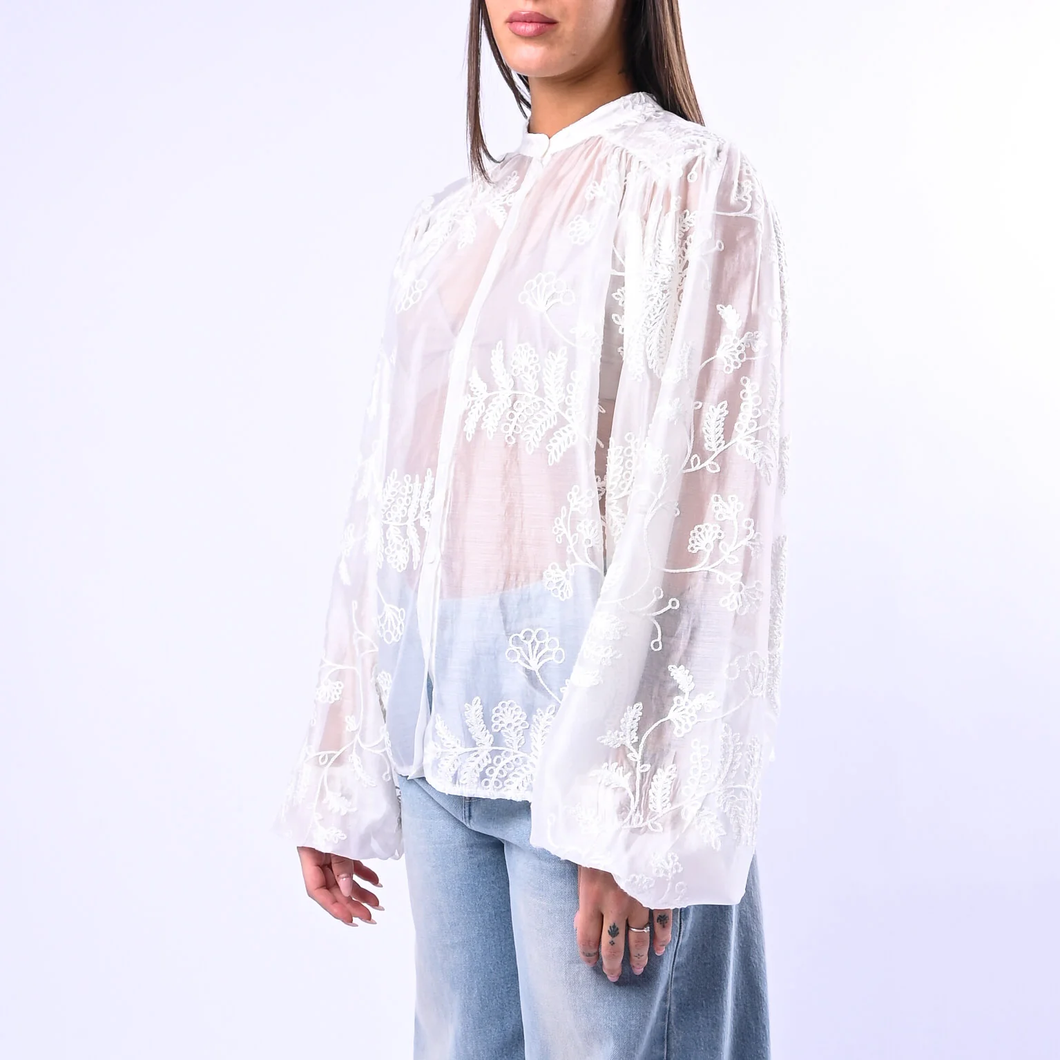MOTEL - CAMICIA COREANA IN TENCEL RICAMATA ART.C30117MO - BIANCO - Image 3