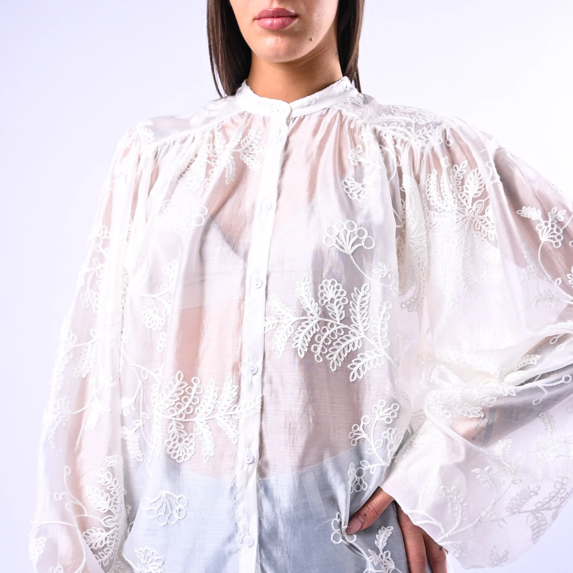 MOTEL - CAMICIA COREANA IN TENCEL RICAMATA ART.C30117MO - BIANCO - Image 5