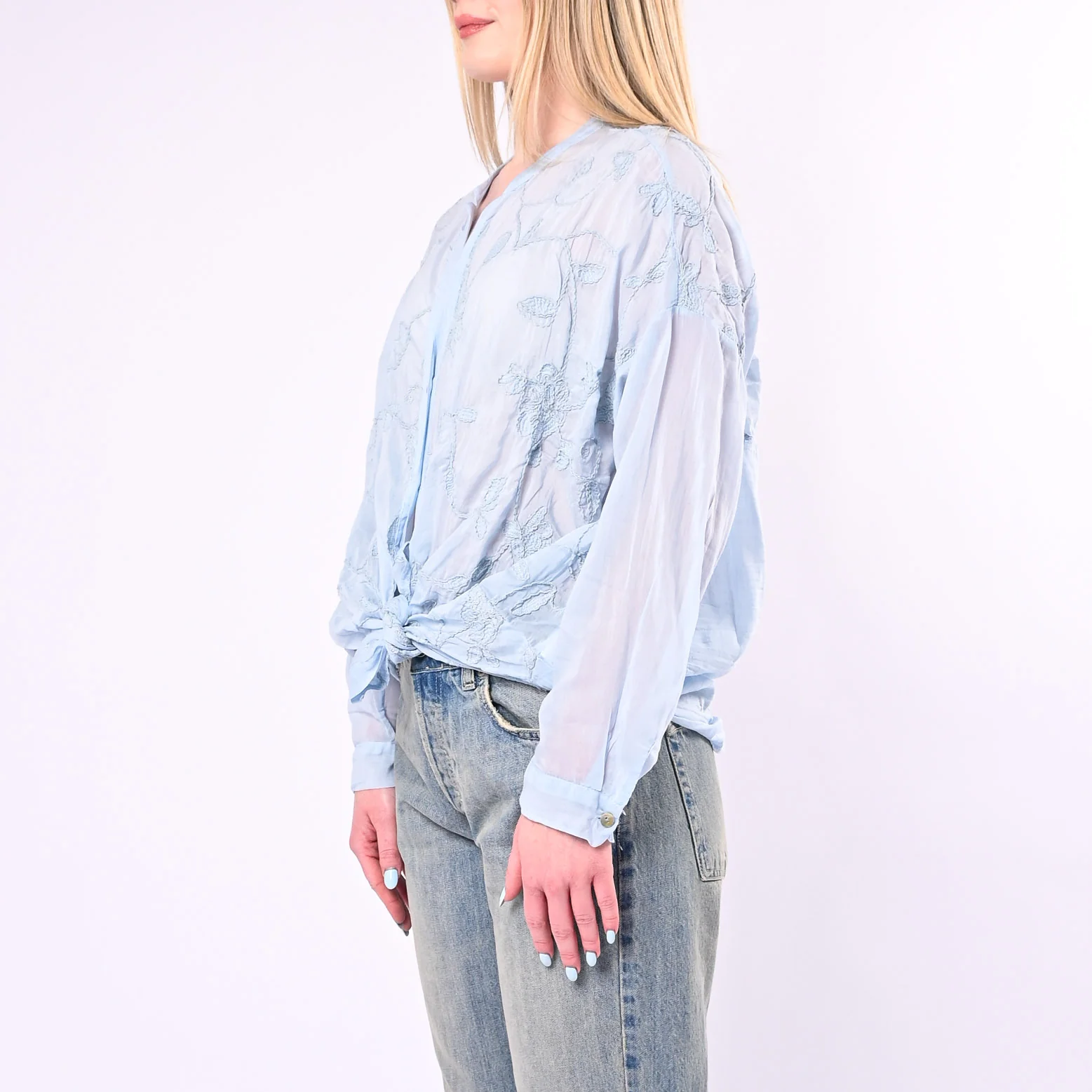 MOTEL - CAMICIA COTONE/SETA CON RICAMI FLOREALI ART.S26C346/A - AZZURRO - Image 3