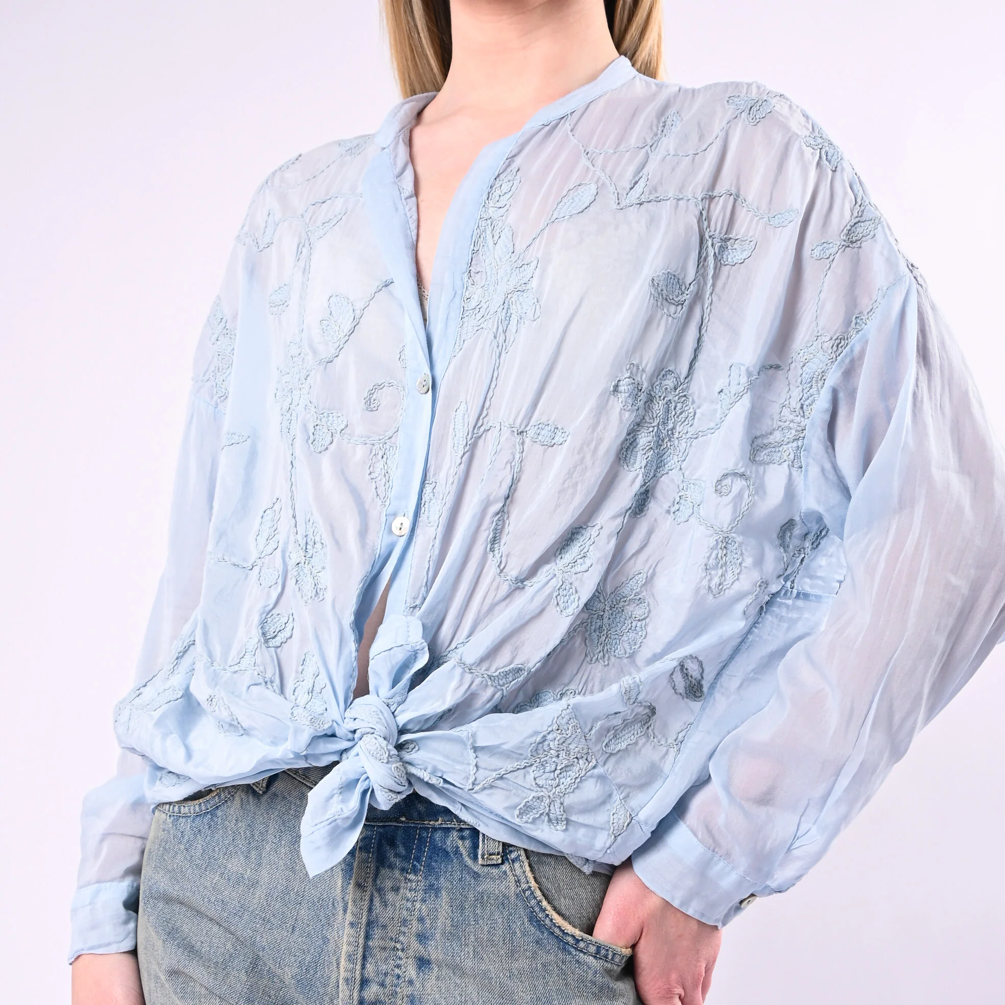 MOTEL - CAMICIA COTONE/SETA CON RICAMI FLOREALI ART.S26C346/A - AZZURRO - Image 5