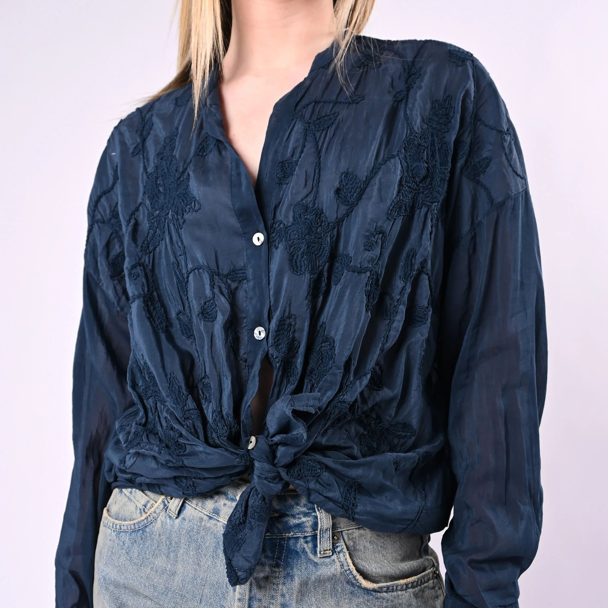 MOTEL - CAMICIA COTONE/SETA CON RICAMI FLOREALI ART.S26C346/B - BLU - Image 5