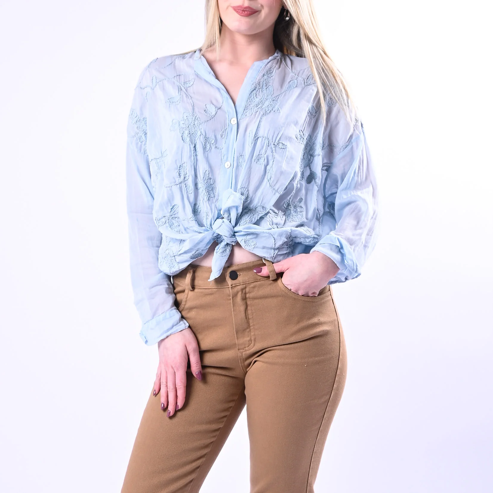 MOTEL - CAMICIA COTONE/SETA CON RICAMI FLOREALI ART.S26C346 - CELESTE
