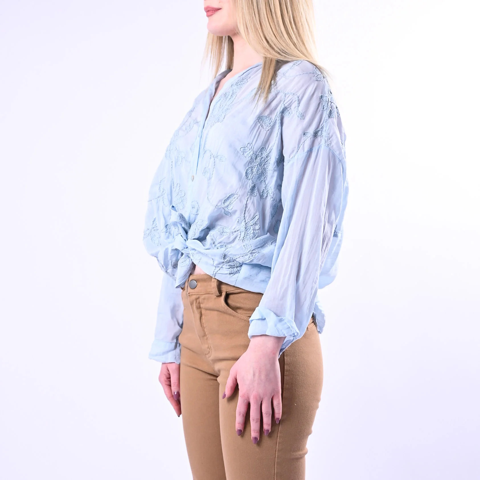 MOTEL - CAMICIA COTONE/SETA CON RICAMI FLOREALI ART.S26C346 - CELESTE - Image 3