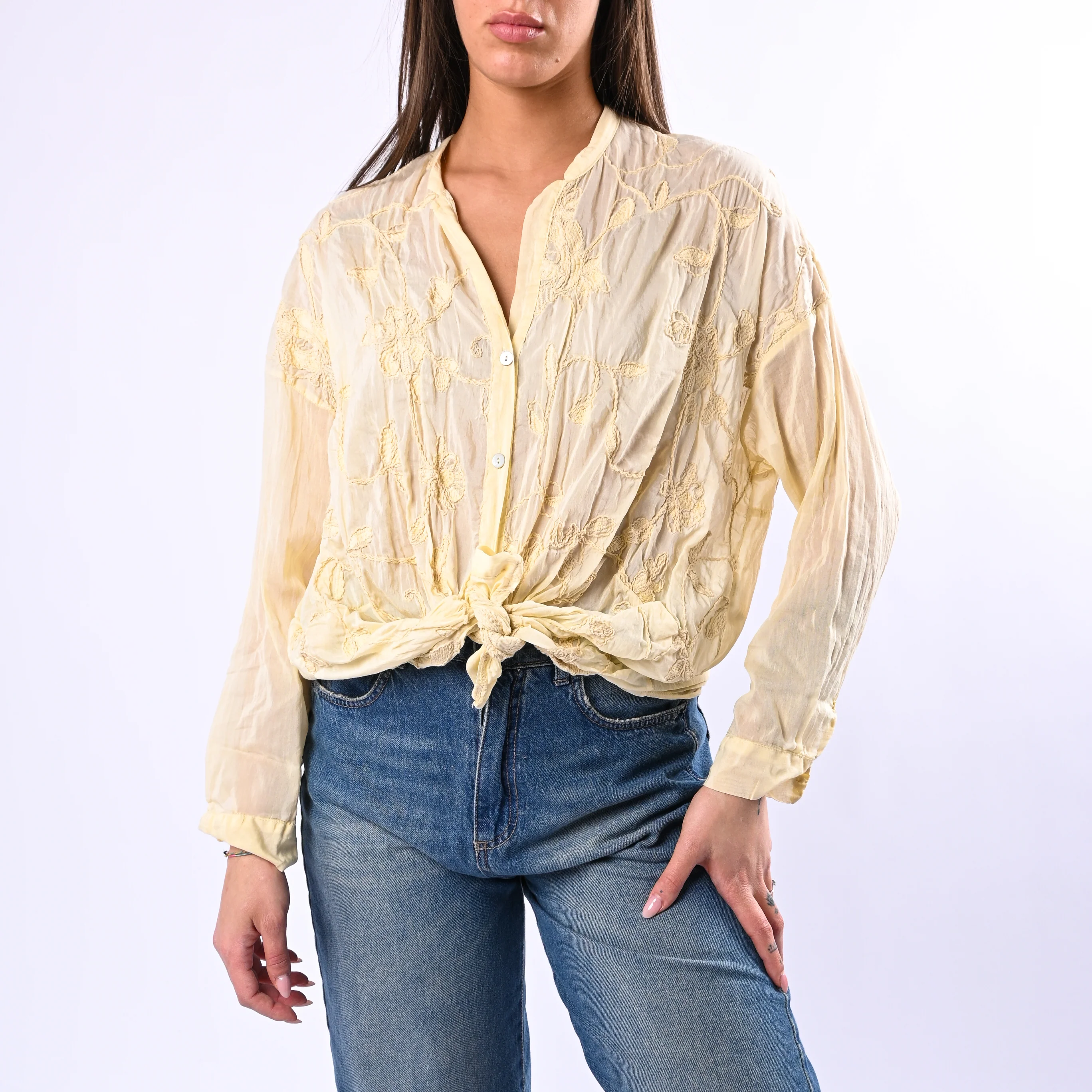 MOTEL - CAMICIA COTONE/SETA CON RICAMI FLOREALI ART.S26C346 - GIALLINO