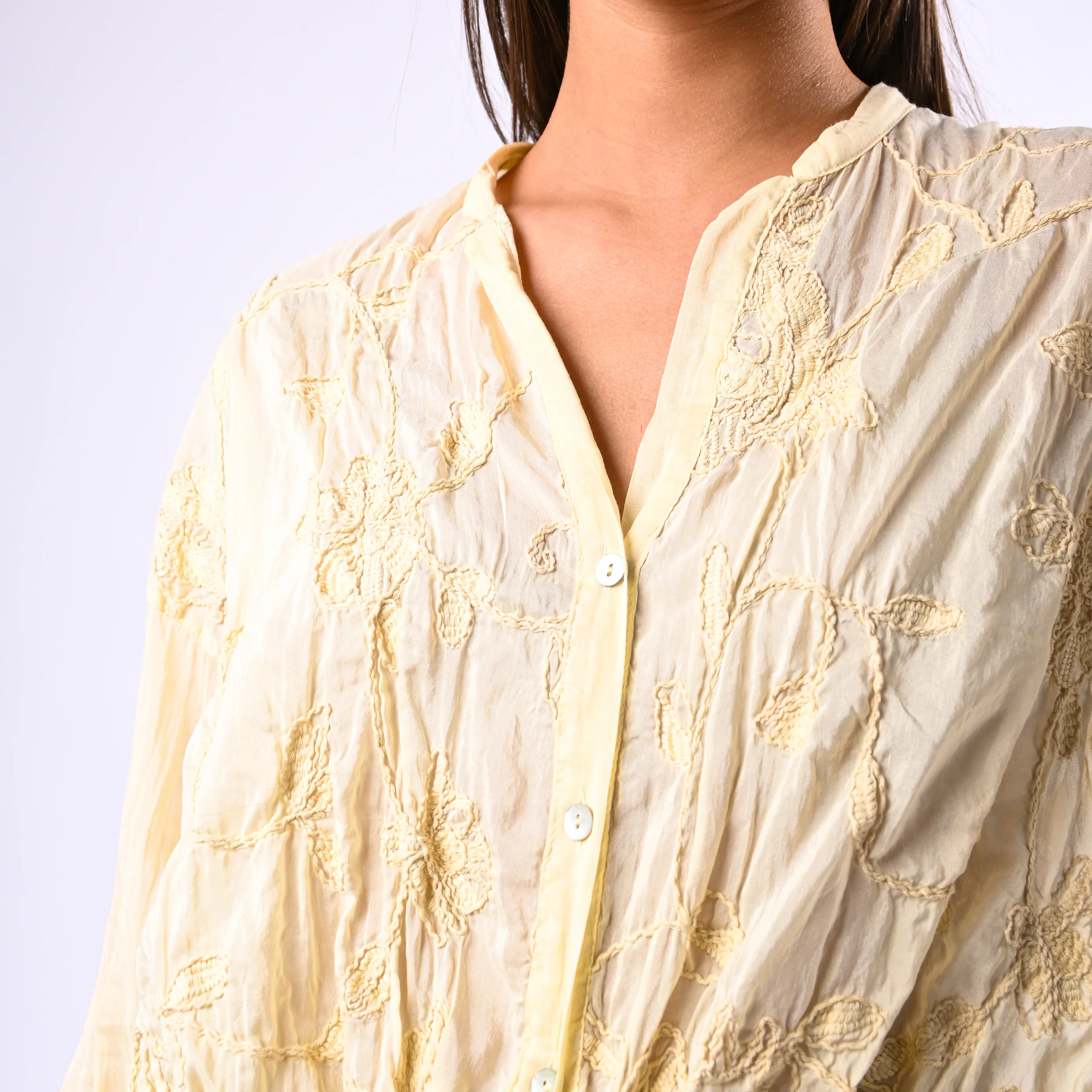 MOTEL - CAMICIA COTONE/SETA CON RICAMI FLOREALI ART.S26C346 - GIALLINO - Image 5