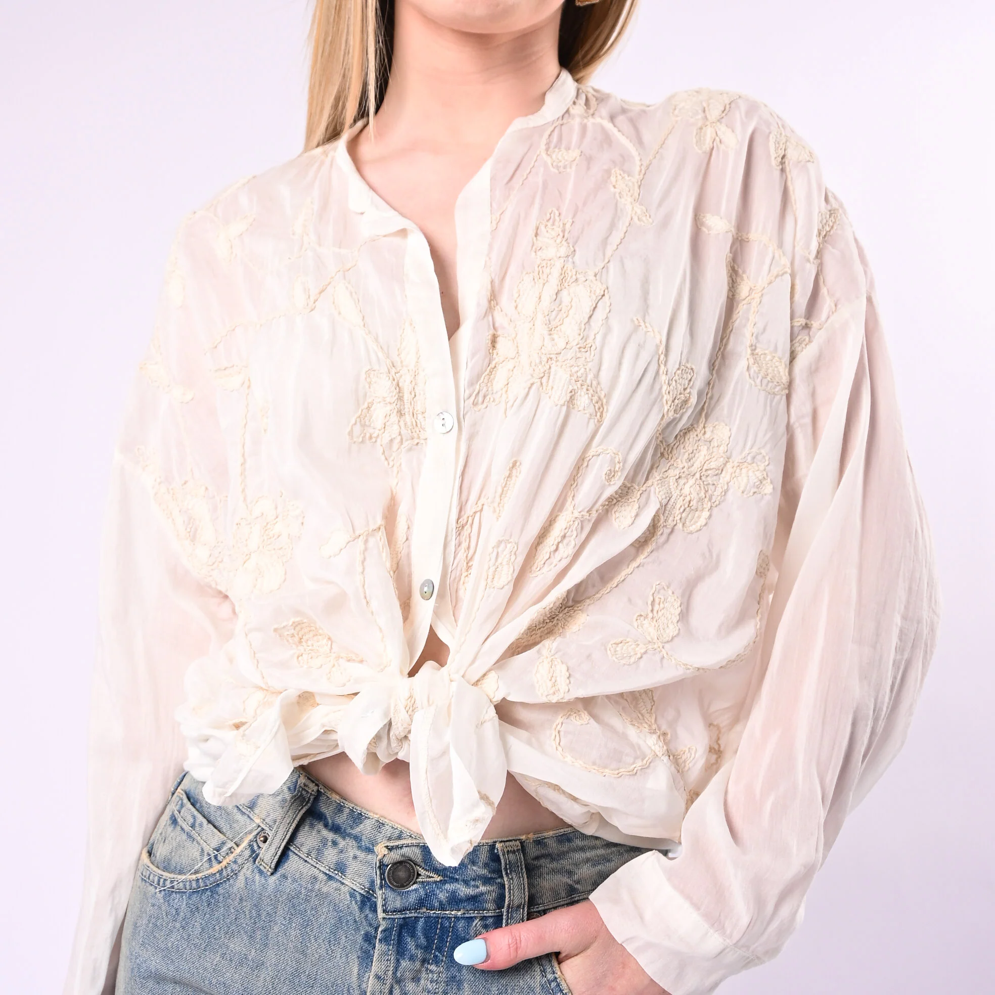 MOTEL - CAMICIA COTONE/SETA CON RICAMI FLOREALI ART.S26C346/P - PANNA - Image 5