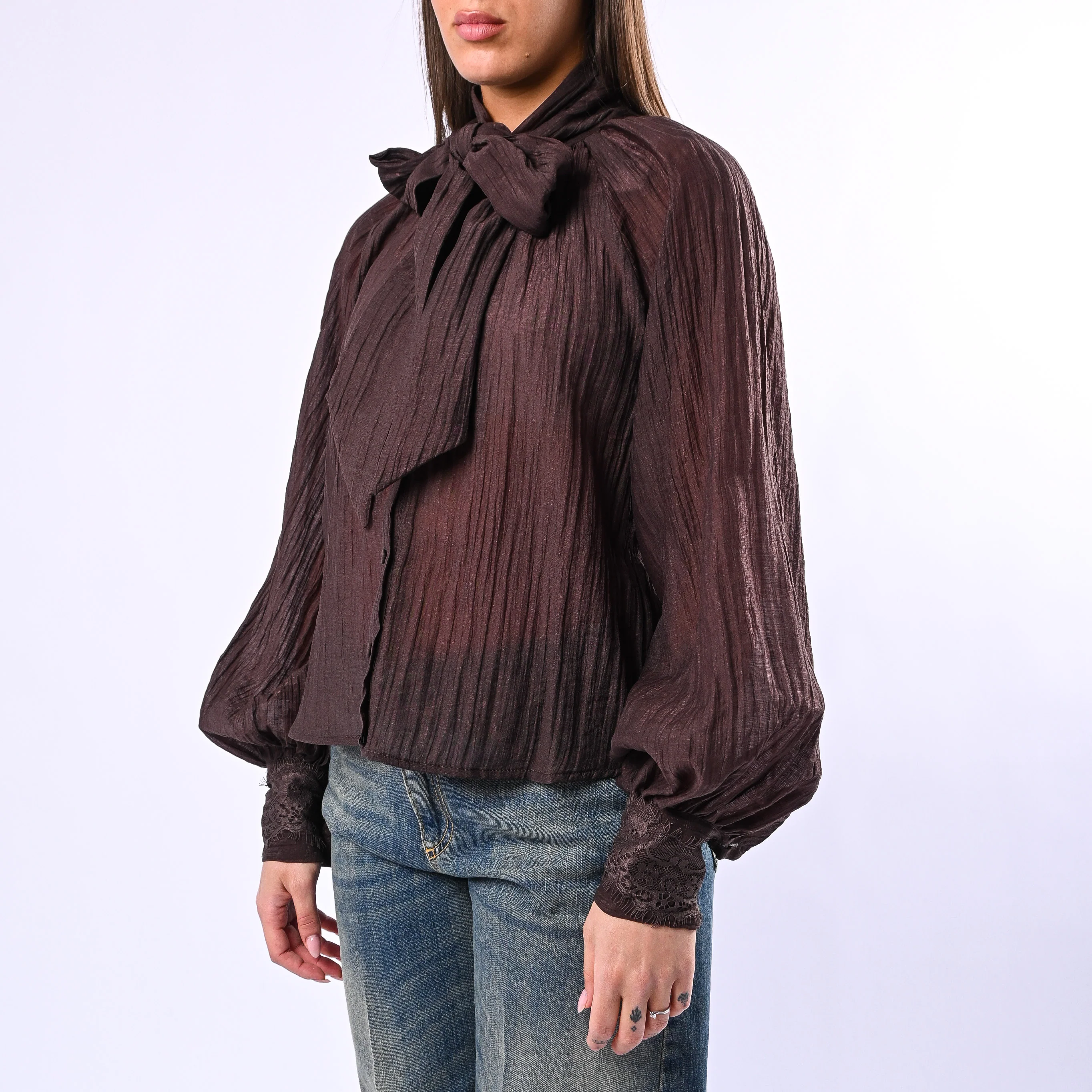 MOTEL - CAMICIA OVER LYOCELL CON FIOCCO ART.S26C447 - MORO - Image 3