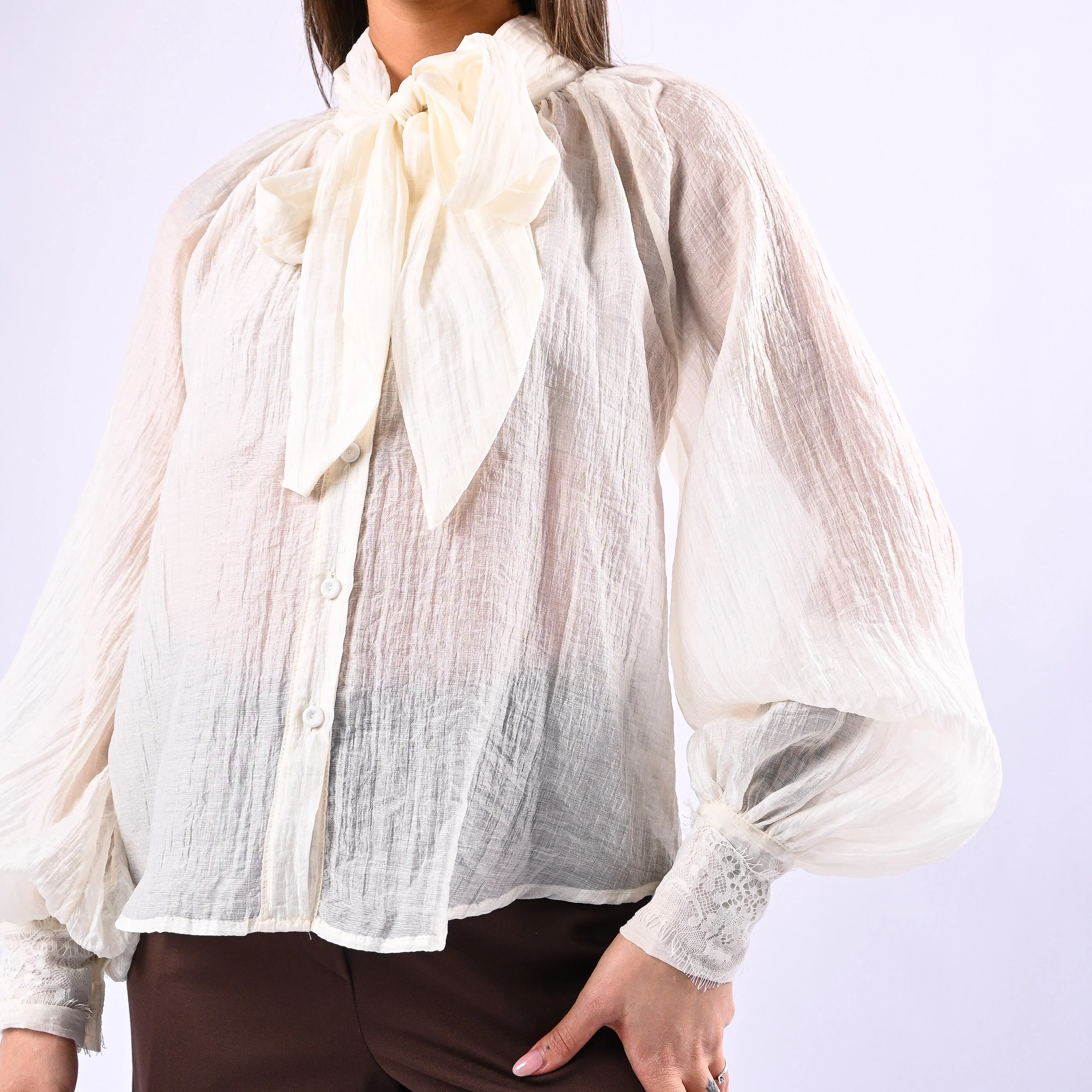 MOTEL - CAMICIA OVER LYOCELL CON FIOCCO ART.S26C447 - PANNA - Image 6