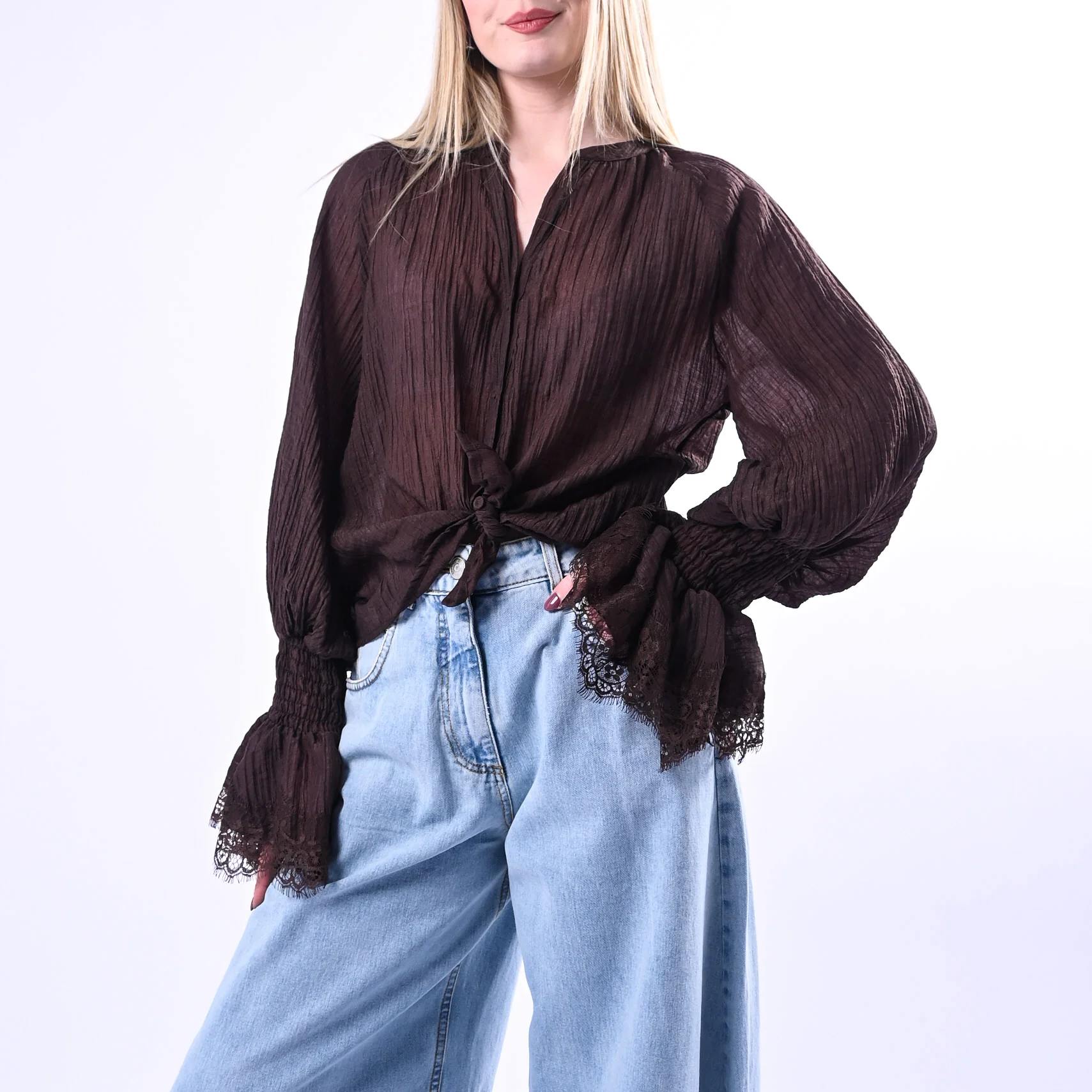 MOTEL - CAMICIA POLSO ARRICCIATO CON PIZZO ART. S26C328 - MORO