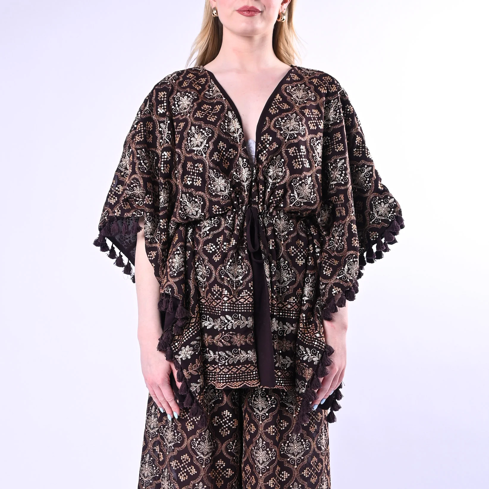 MOTEL - KIMONO CON RICAMO ETNICO E NAPPINE ART.S36MC36/M - MORO - Image 3