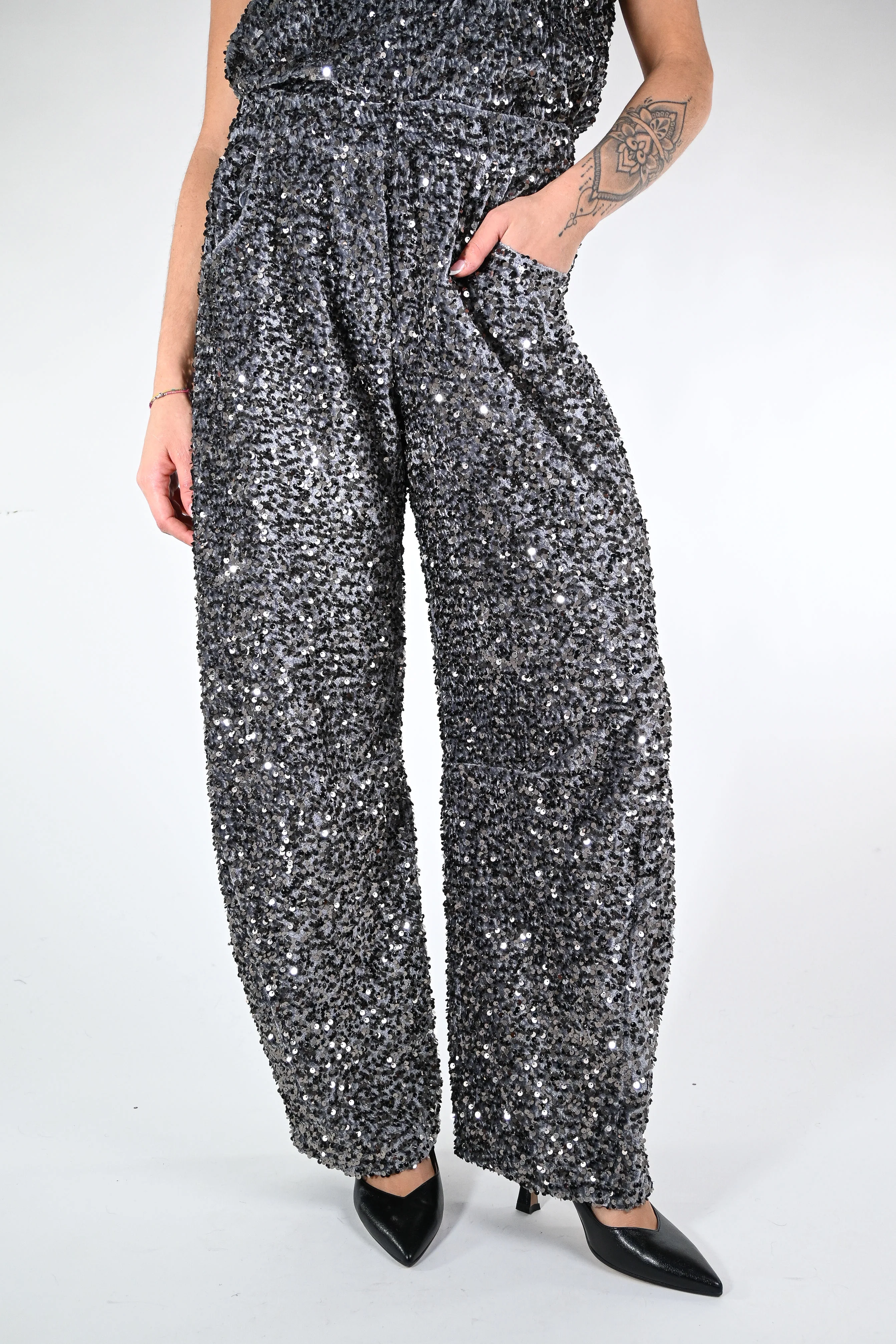 MOTEL - PANTALONE BARREL CON PAILLETTES ART.W25PC53 - GRIGIO