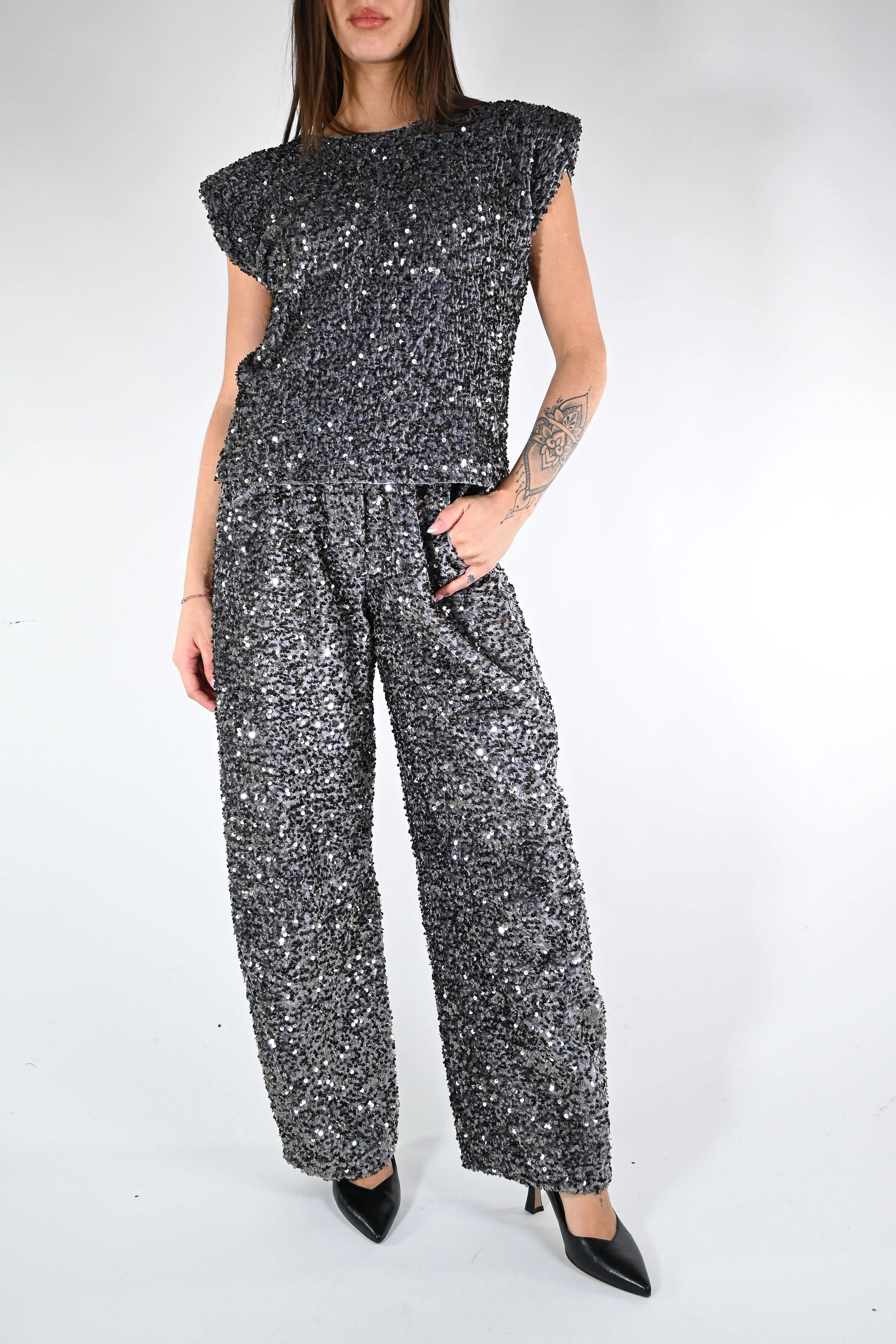 MOTEL - PANTALONE BARREL CON PAILLETTES ART.W25PC53 - GRIGIO - Image 6