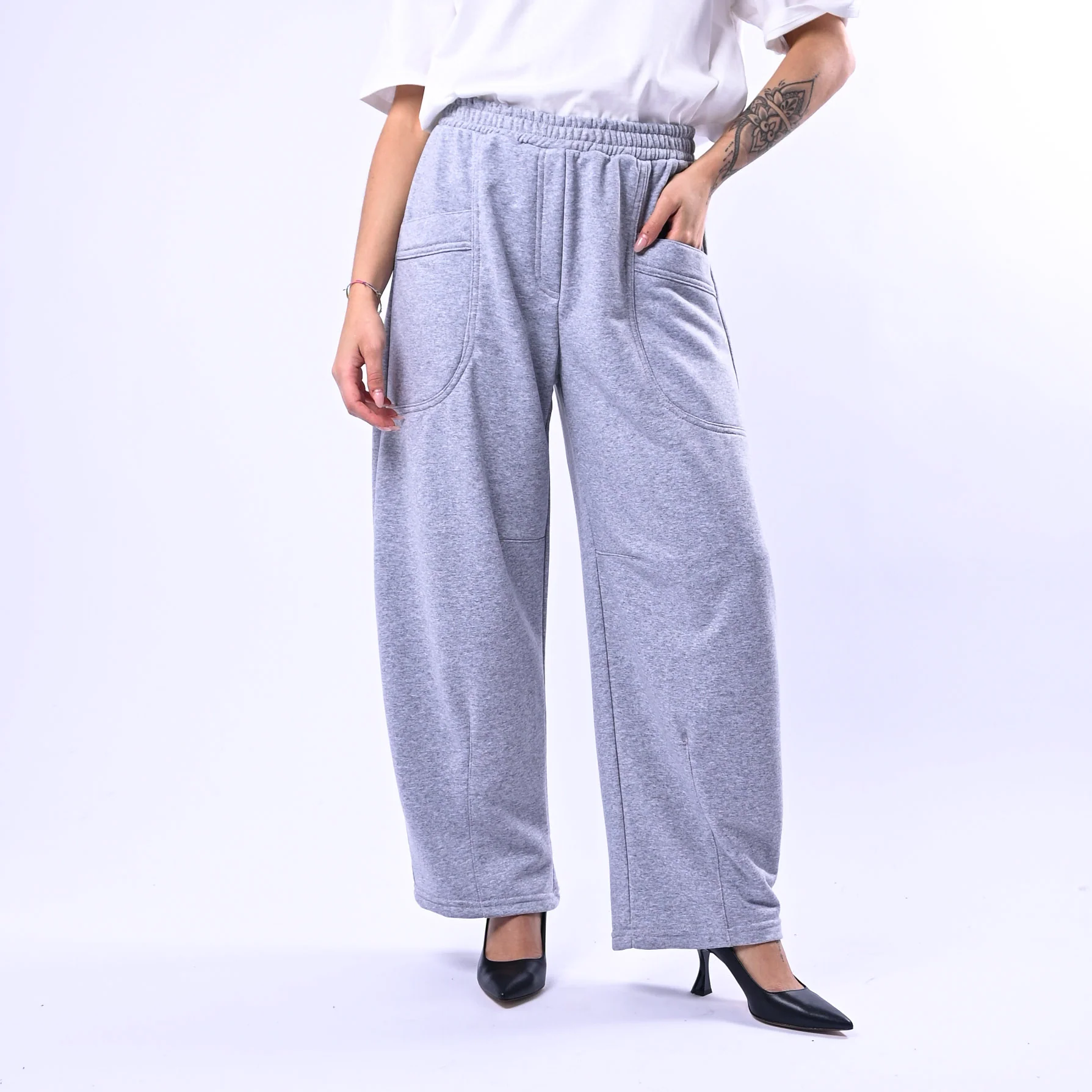 MOTEL - PANTALONE BARREL FELPA CON TASCHE ART.26P3839 - GRIGIO