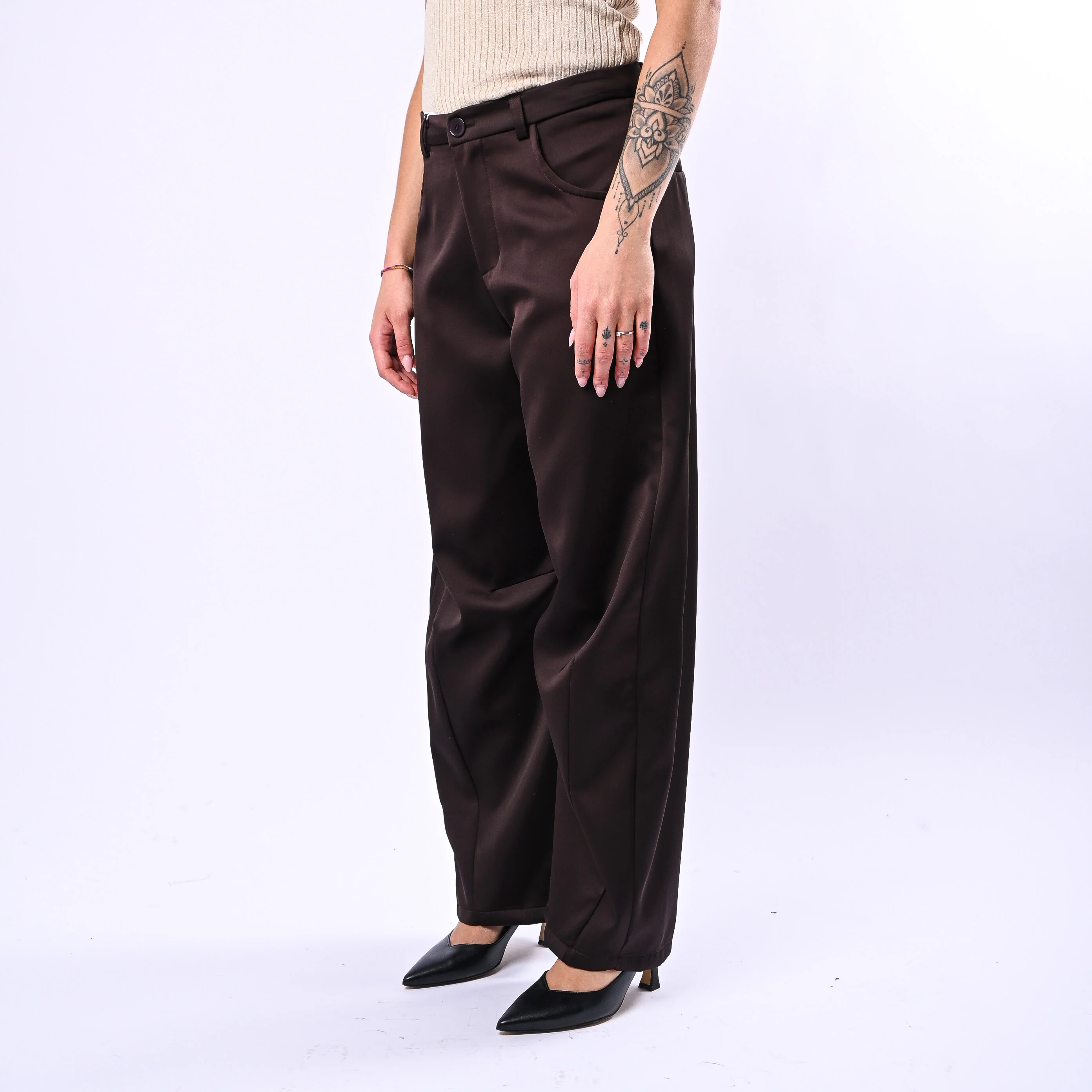 MOTEL - PANTALONE BARREL IN RASO CON RIPRESE ART.S26P277 - CIOCCOLATO - Image 3