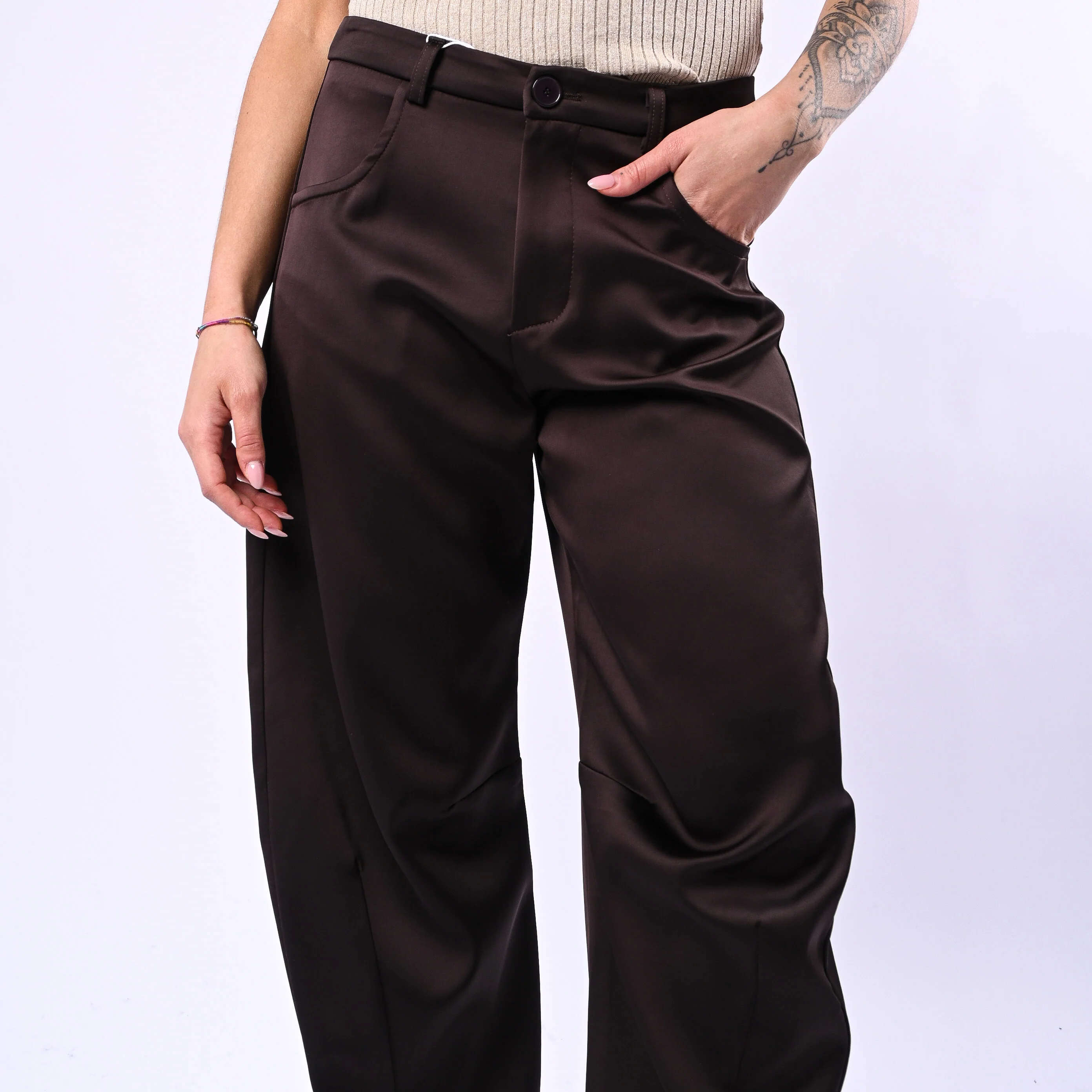 MOTEL - PANTALONE BARREL IN RASO CON RIPRESE ART.S26P277 - CIOCCOLATO - Image 5
