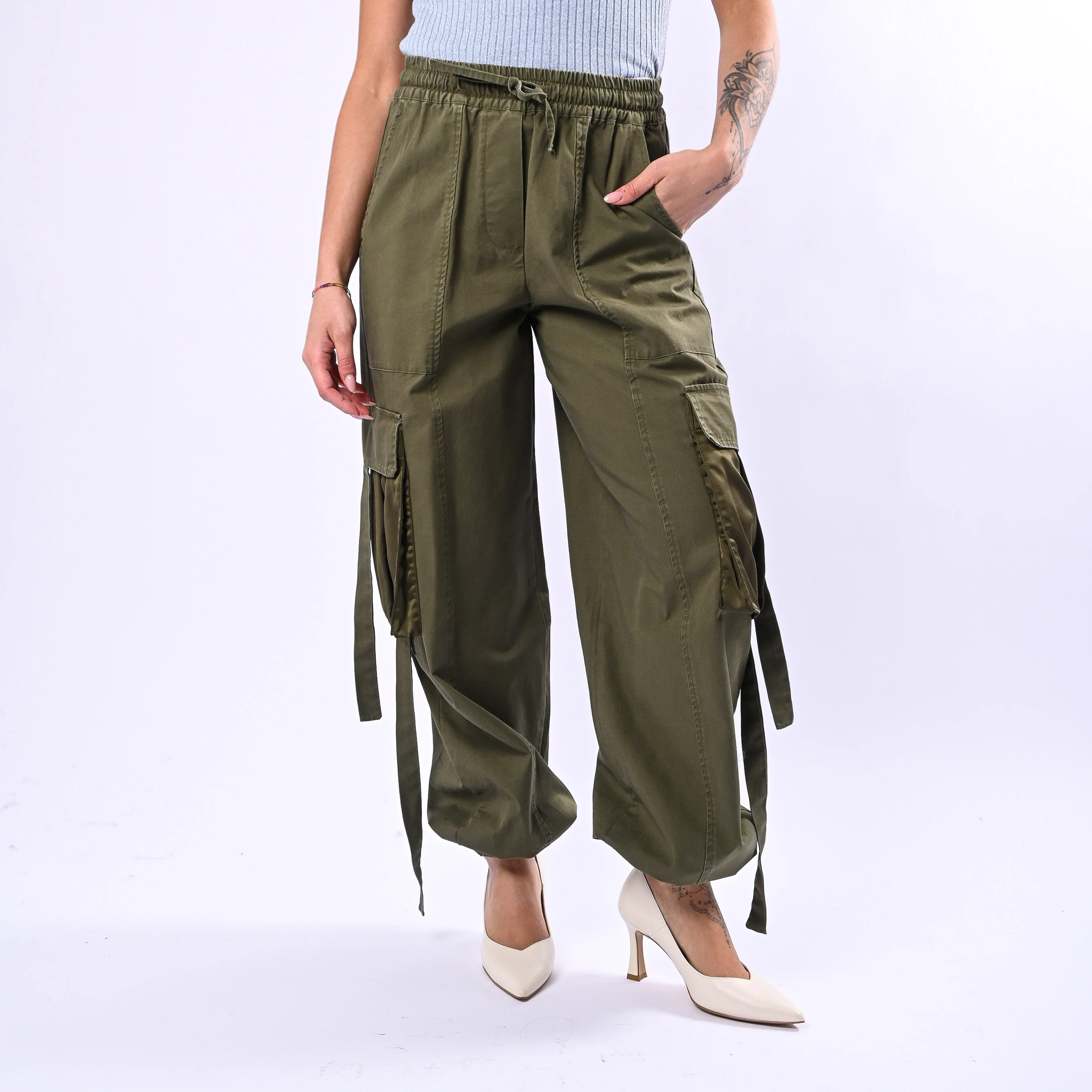 MOTEL - PANTALONE CARGO CON COULISSE ART.38369G - VERDE MILITARE