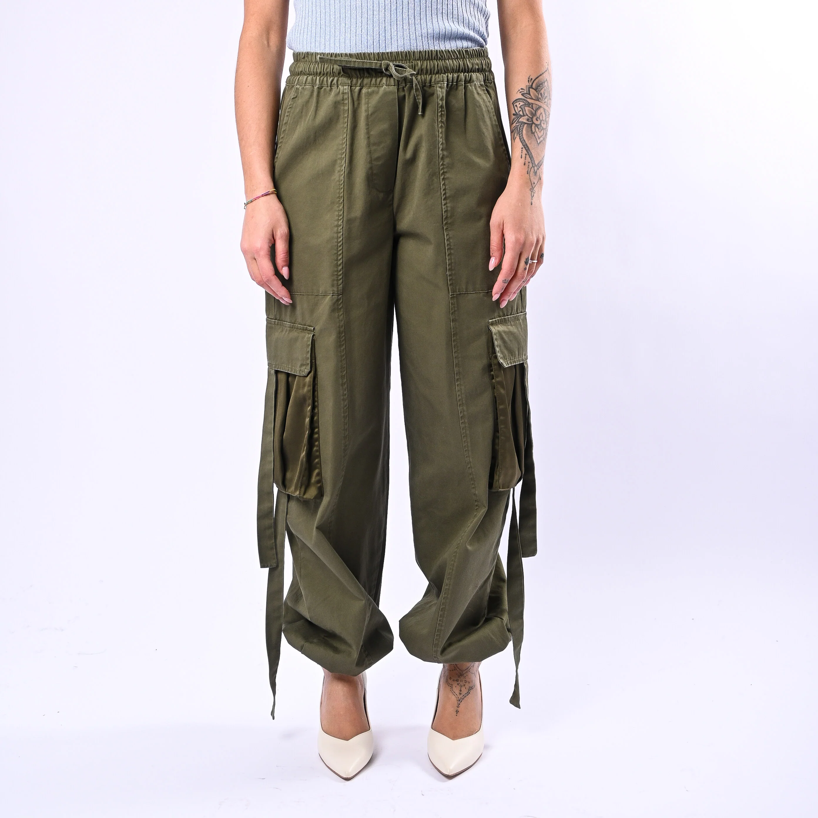MOTEL - PANTALONE CARGO CON COULISSE ART.38369G - VERDE MILITARE - Image 2