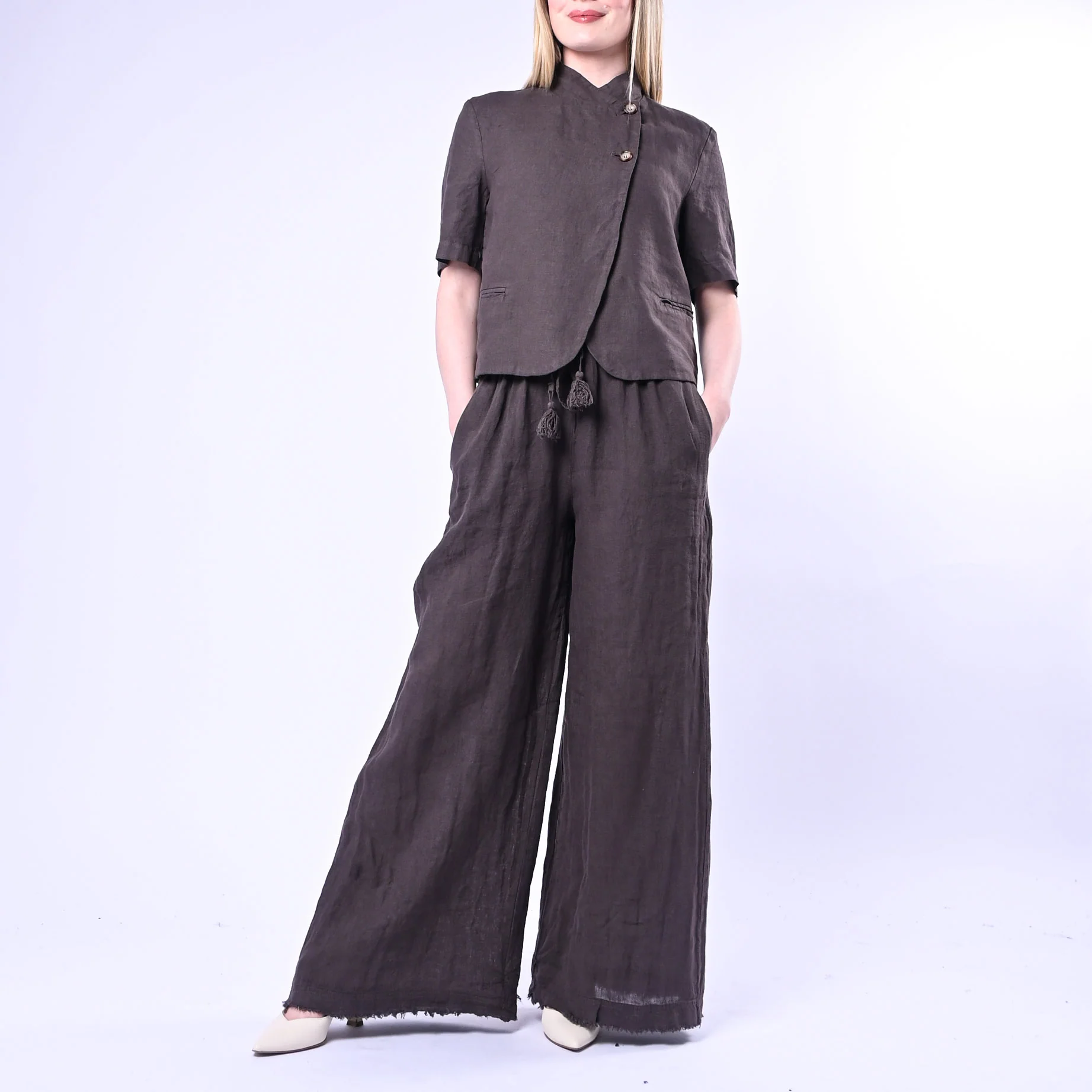 MOTEL - PANTALONE IN LINO PALAZZO CON COULISSE ART.S26PE37/C - CIOCCOLATO - Image 6