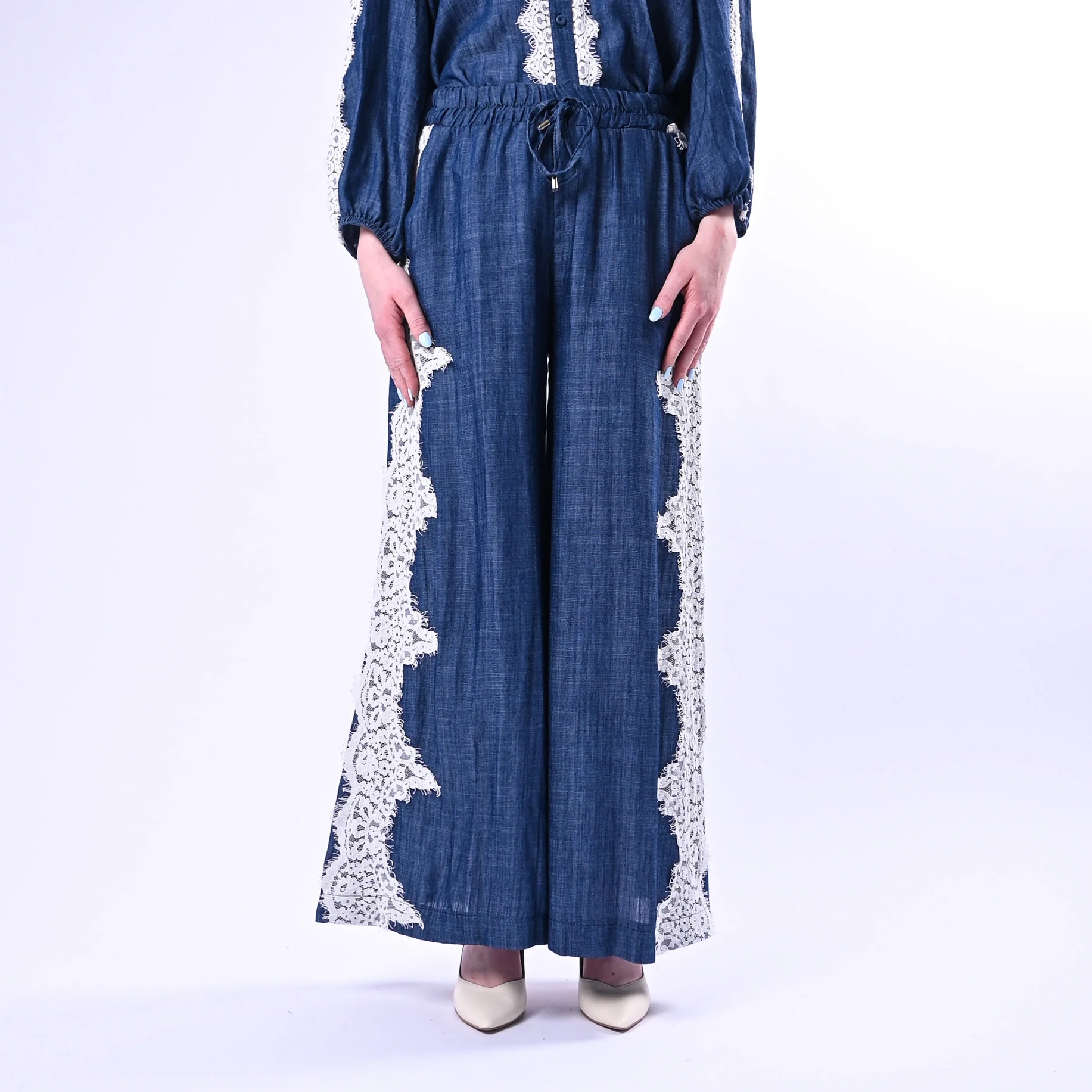 MOTEL - PANTALONE PALAZZO CHAMBRAY INSERTI PIZZO ART.S26PA62/J - JEANS - Image 2