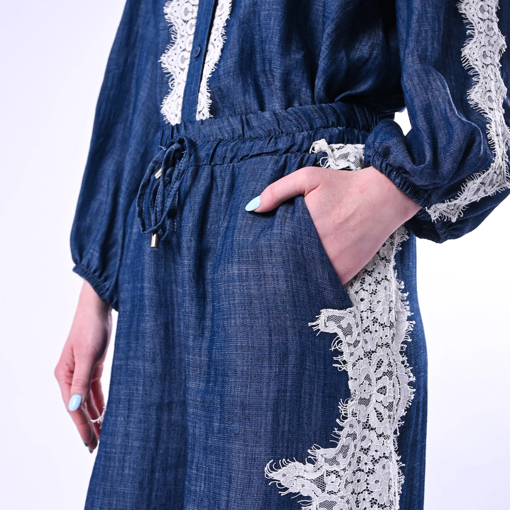 MOTEL - PANTALONE PALAZZO CHAMBRAY INSERTI PIZZO ART.S26PA62/J - JEANS - Image 5