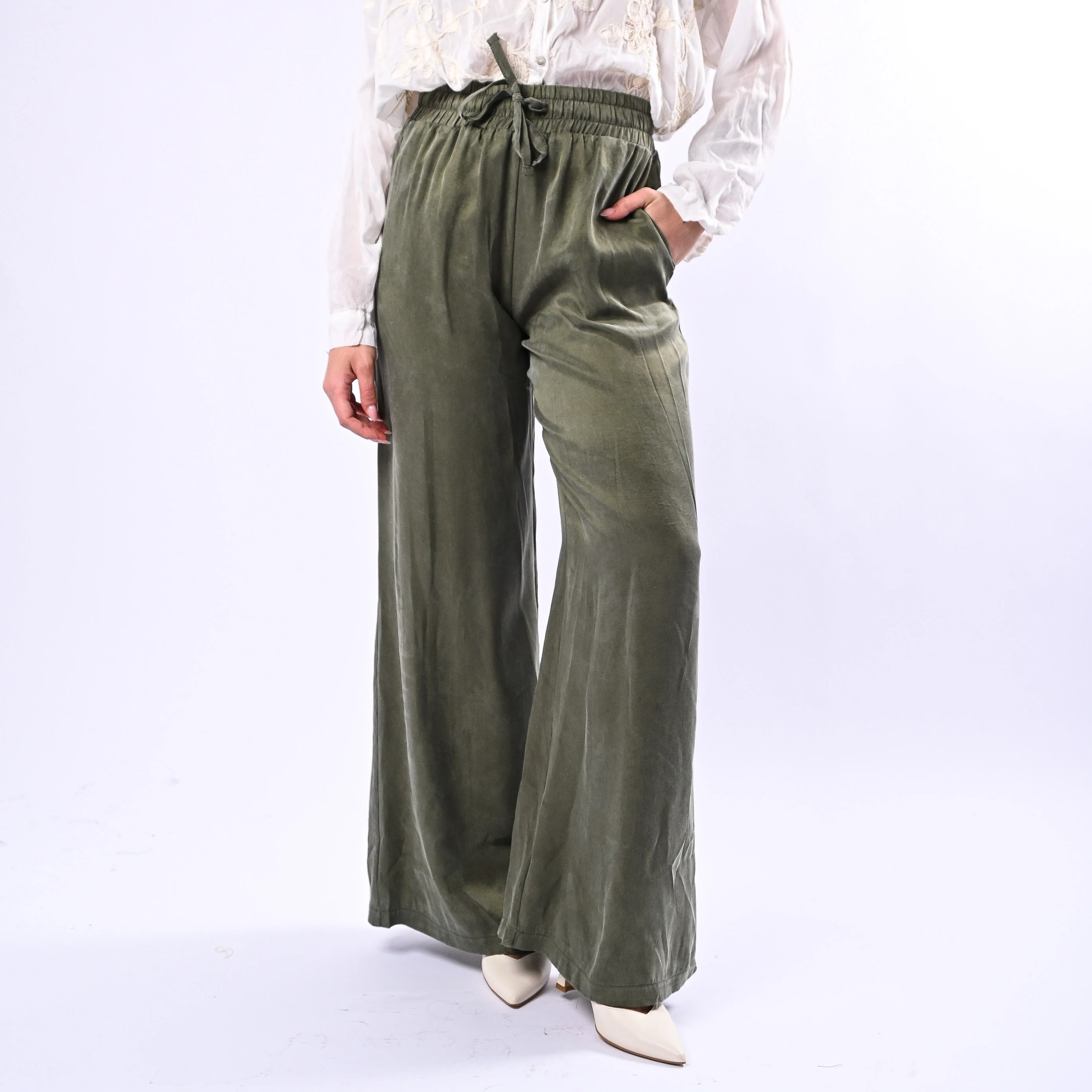 MOTEL - PANTALONE PALAZZO CON COULISSE IN CUPRO ART.HS710 - MILITARE