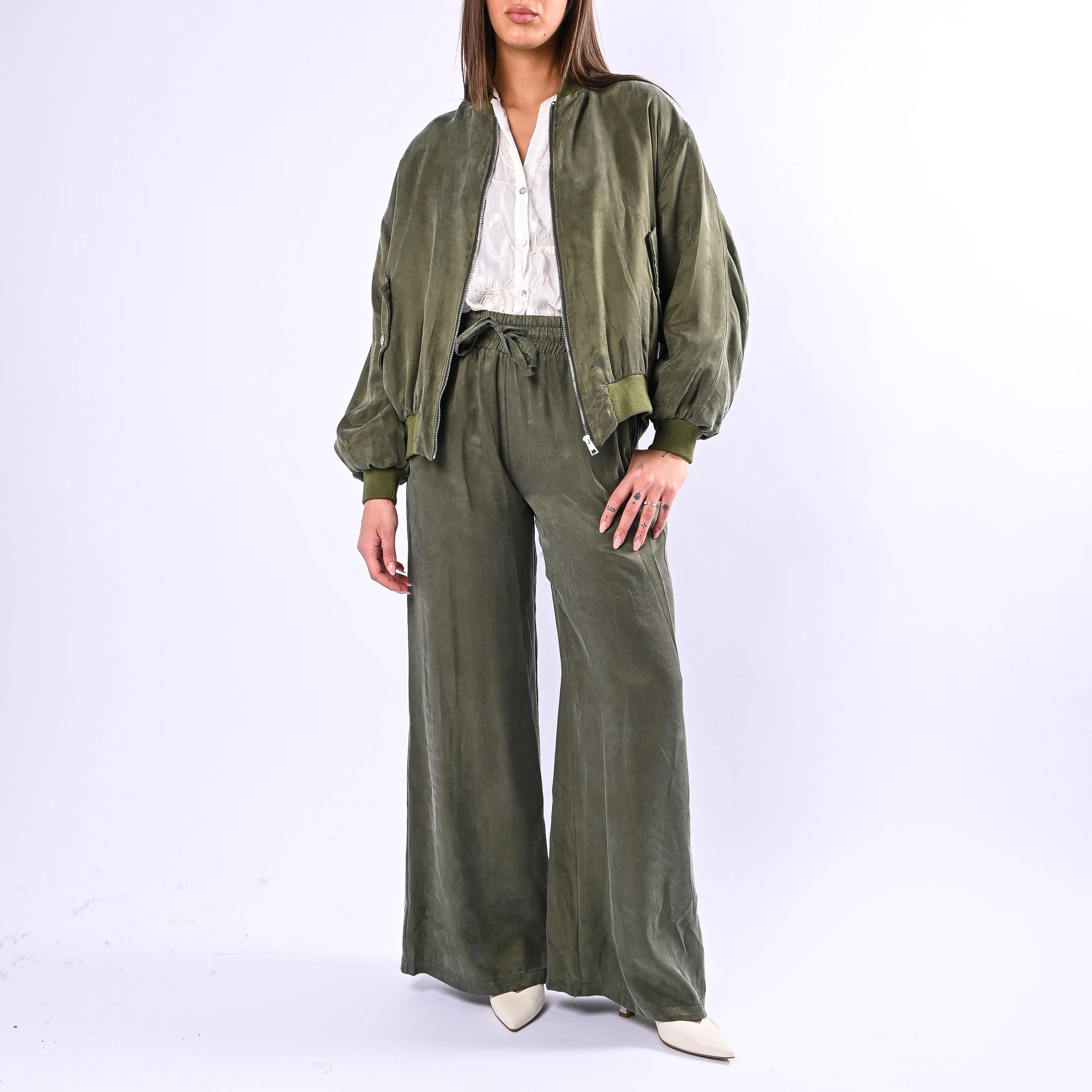 MOTEL - PANTALONE PALAZZO CON COULISSE IN CUPRO ART.HS710 - MILITARE - Image 5