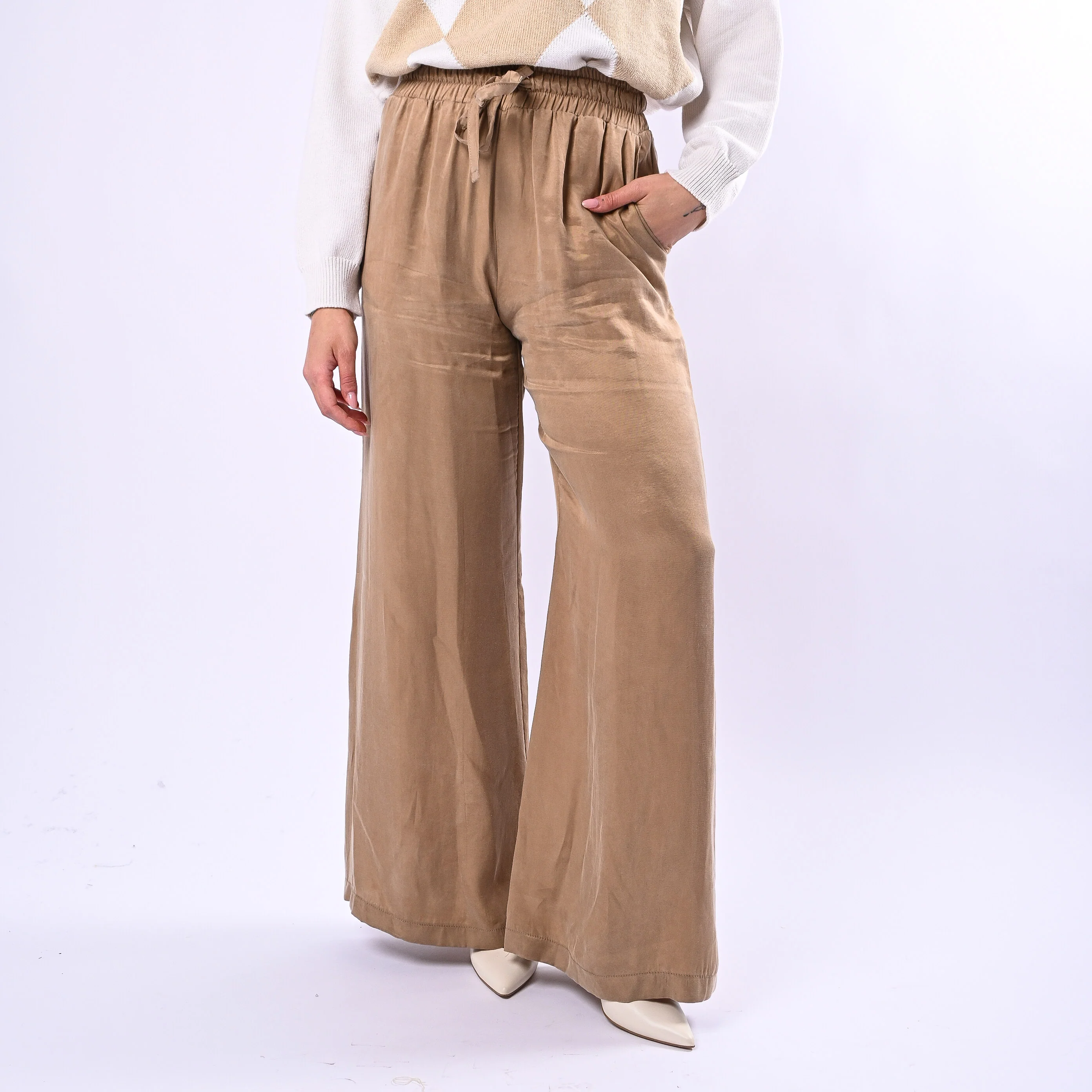 MOTEL - PANTALONE PALAZZO CON COULISSE IN CUPRO ART.HS710 - SABBIA