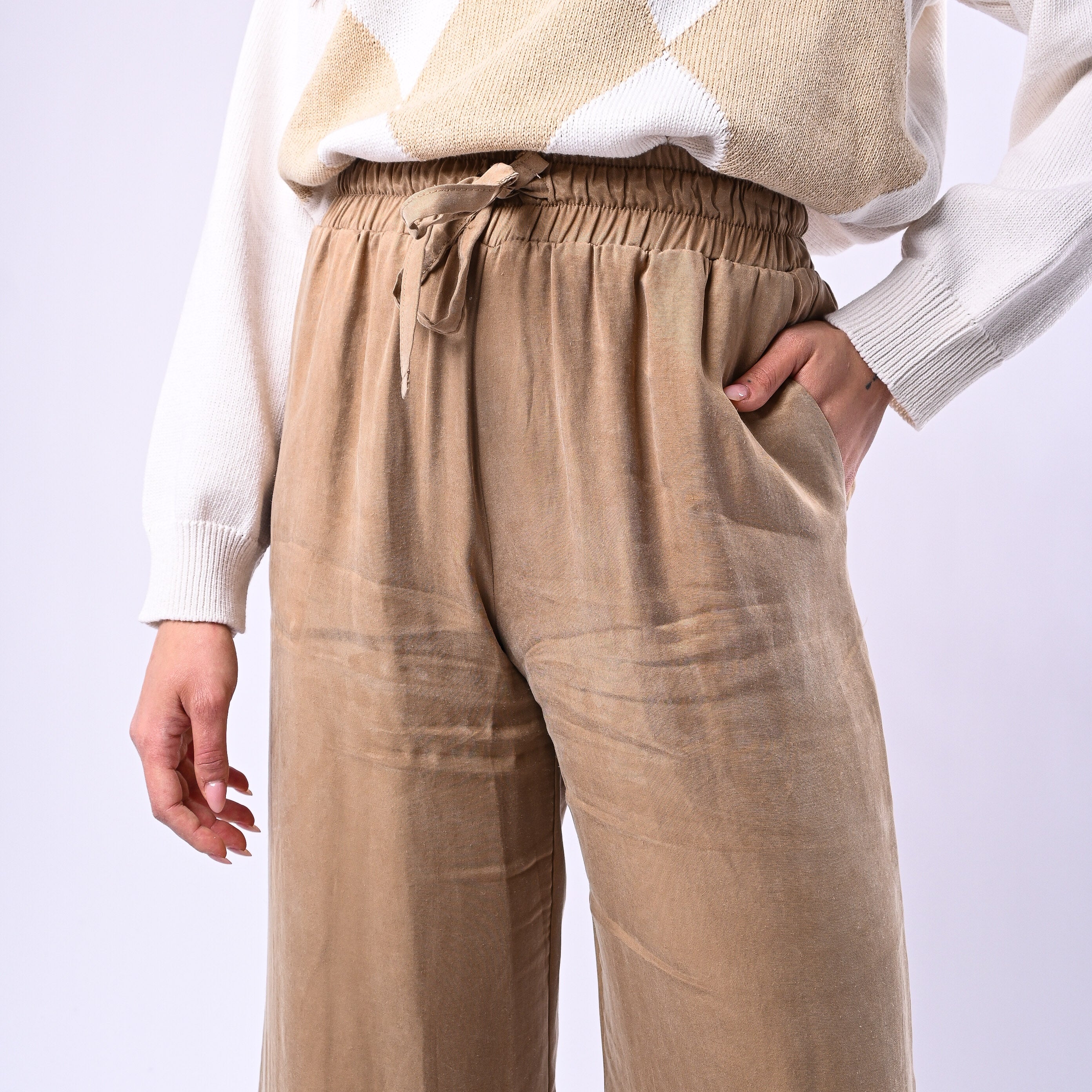 MOTEL - PANTALONE PALAZZO CON COULISSE IN CUPRO ART.HS710 - SABBIA - Image 5