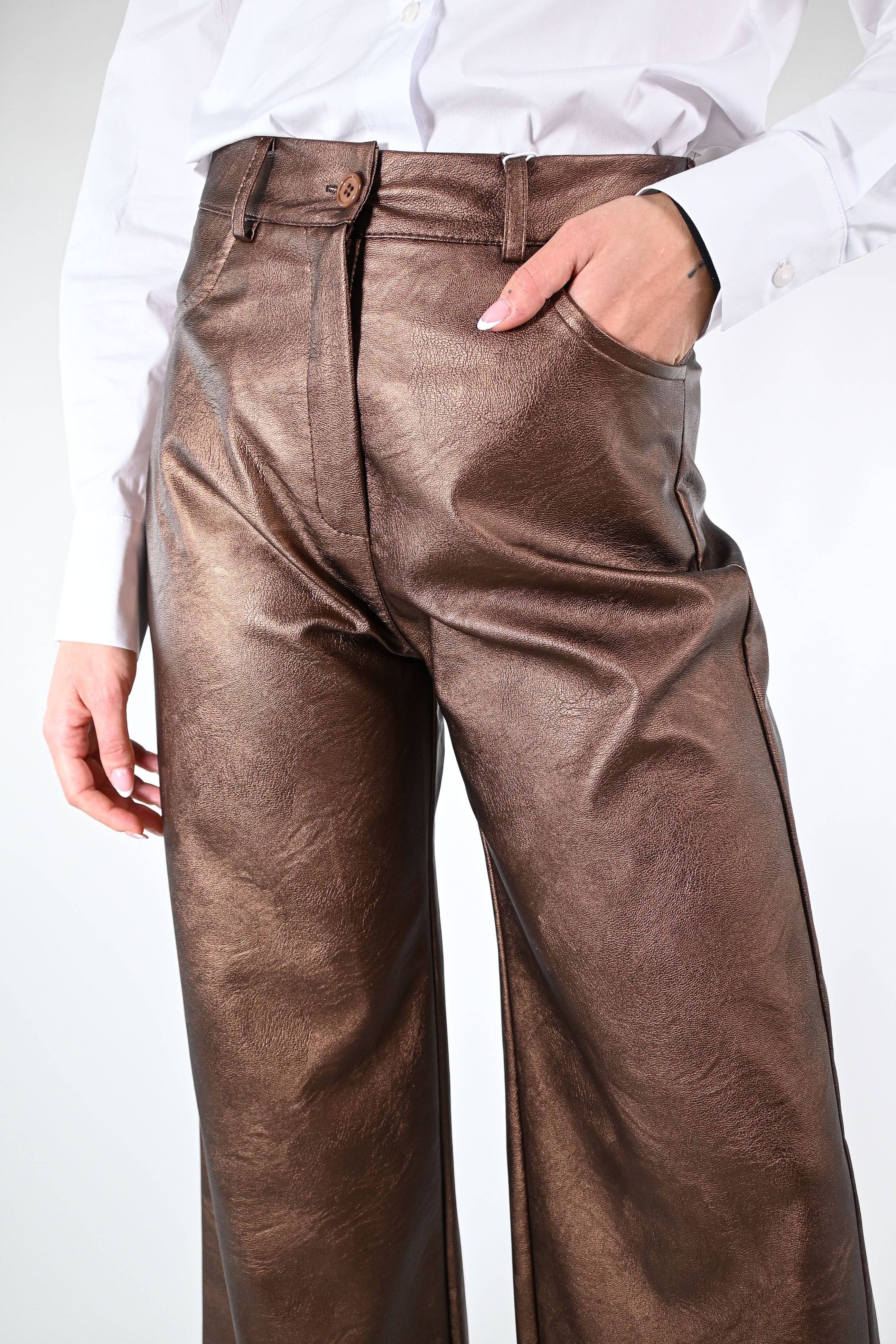 MOTEL - PANTALONE PALAZZO ECOPELLE LAMINATO ART.224223/L - BRONZO - Image 5