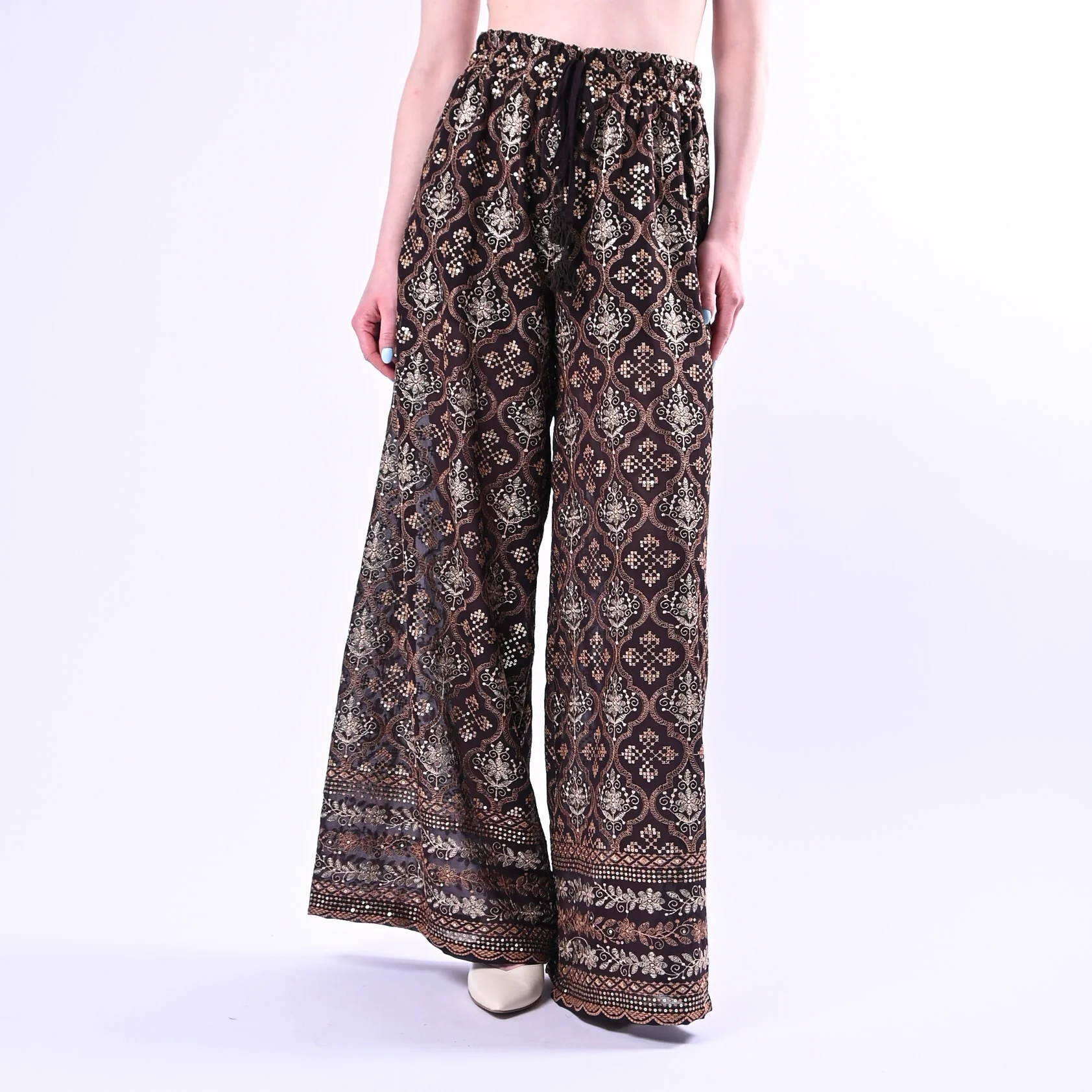 MOTEL - PANTALONE PALAZZO RICAMO ETNICO ART.S26PC37/M - MORO