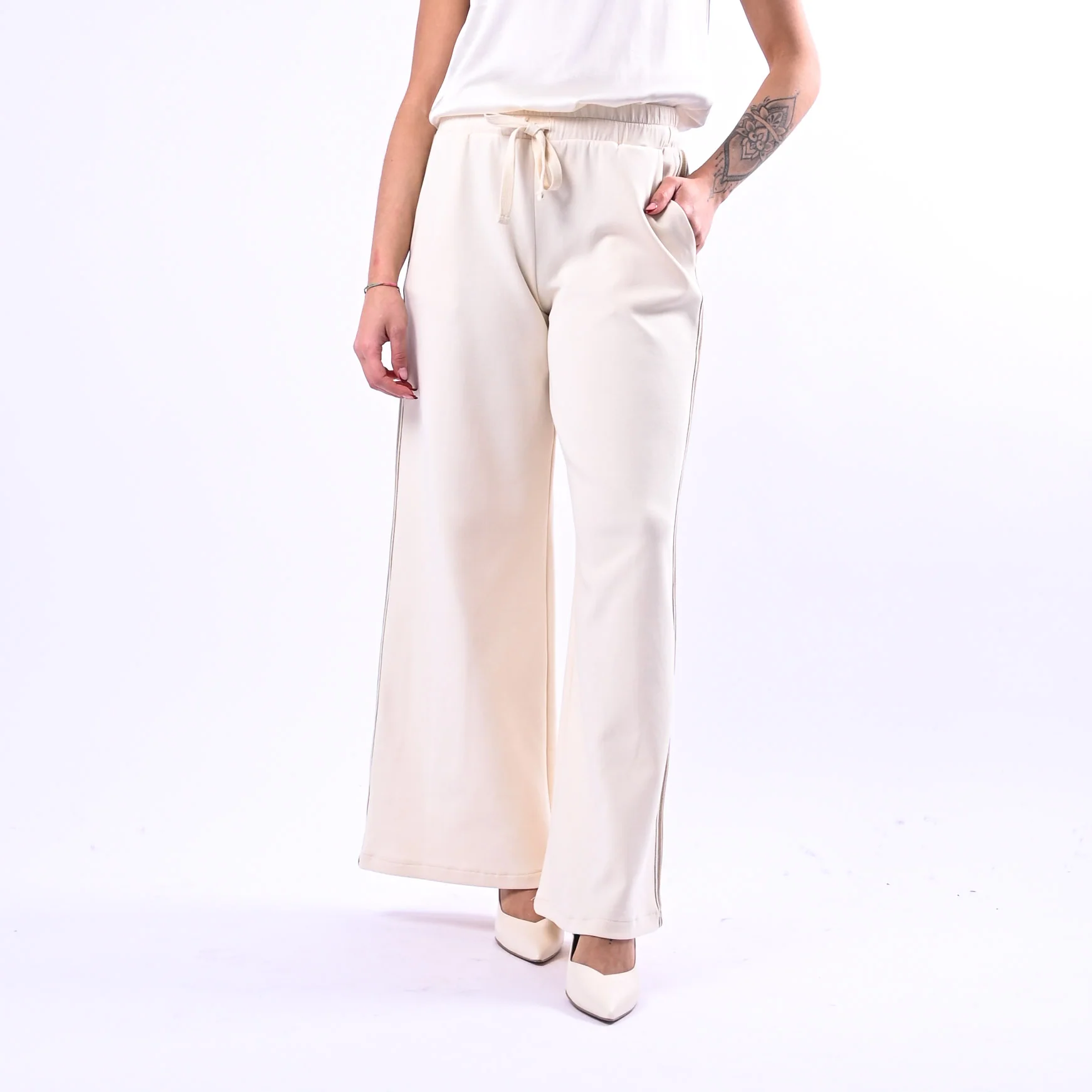 MOTEL - PANTALONE PALAZZO SCUBA CON BANDE ART.S26P271 - AVORIO