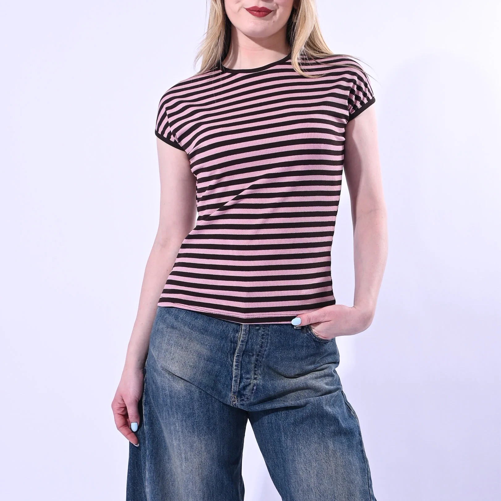 MOTEL - T-SHIRT GIROCOLLO COSTINA A RIGHE ART. 1304J/MR - MORO/ROSA
