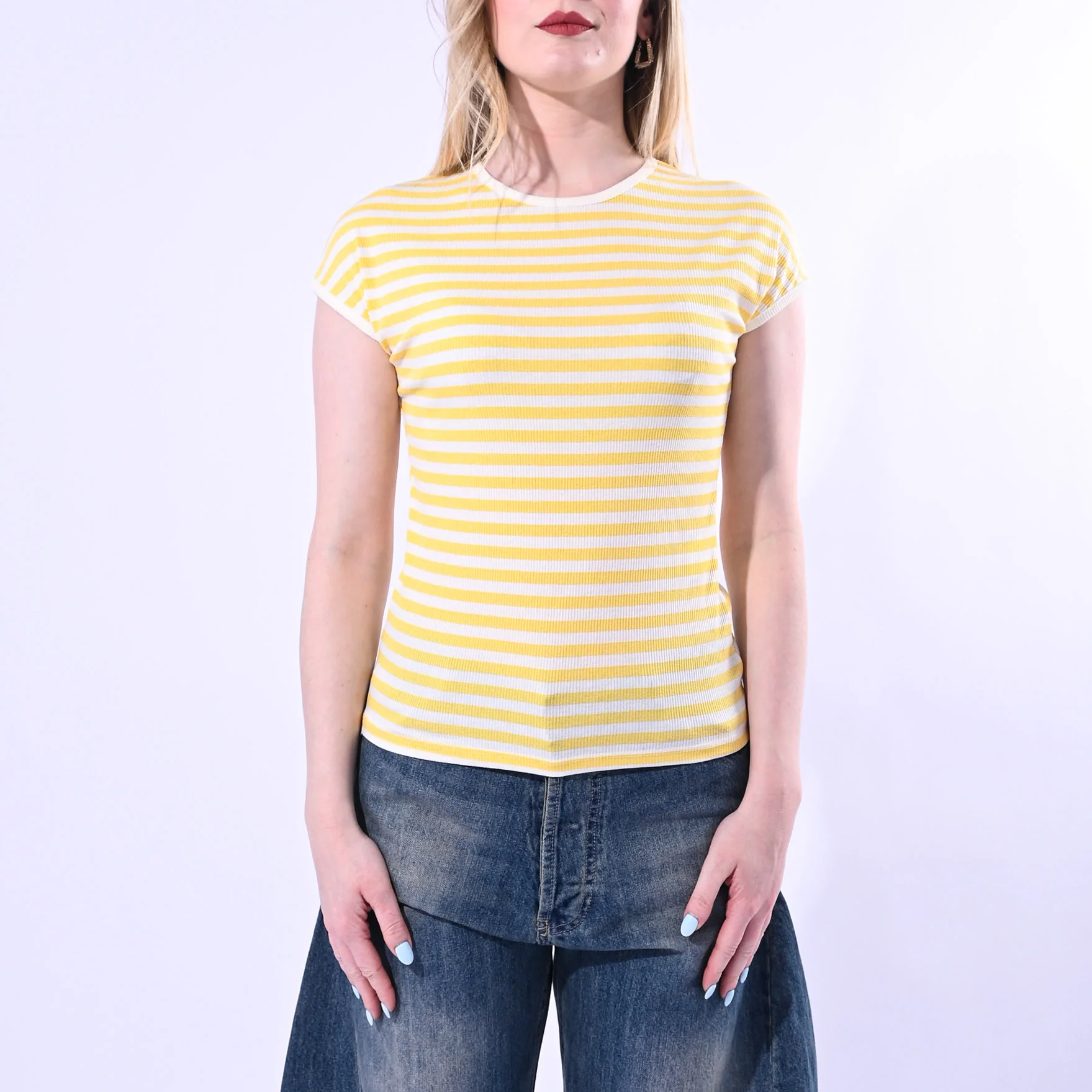 MOTEL - T-SHIRT GIROCOLLO COSTINA A RIGHE ART. 1304J/PG - PANNA/GIALLO - Image 2