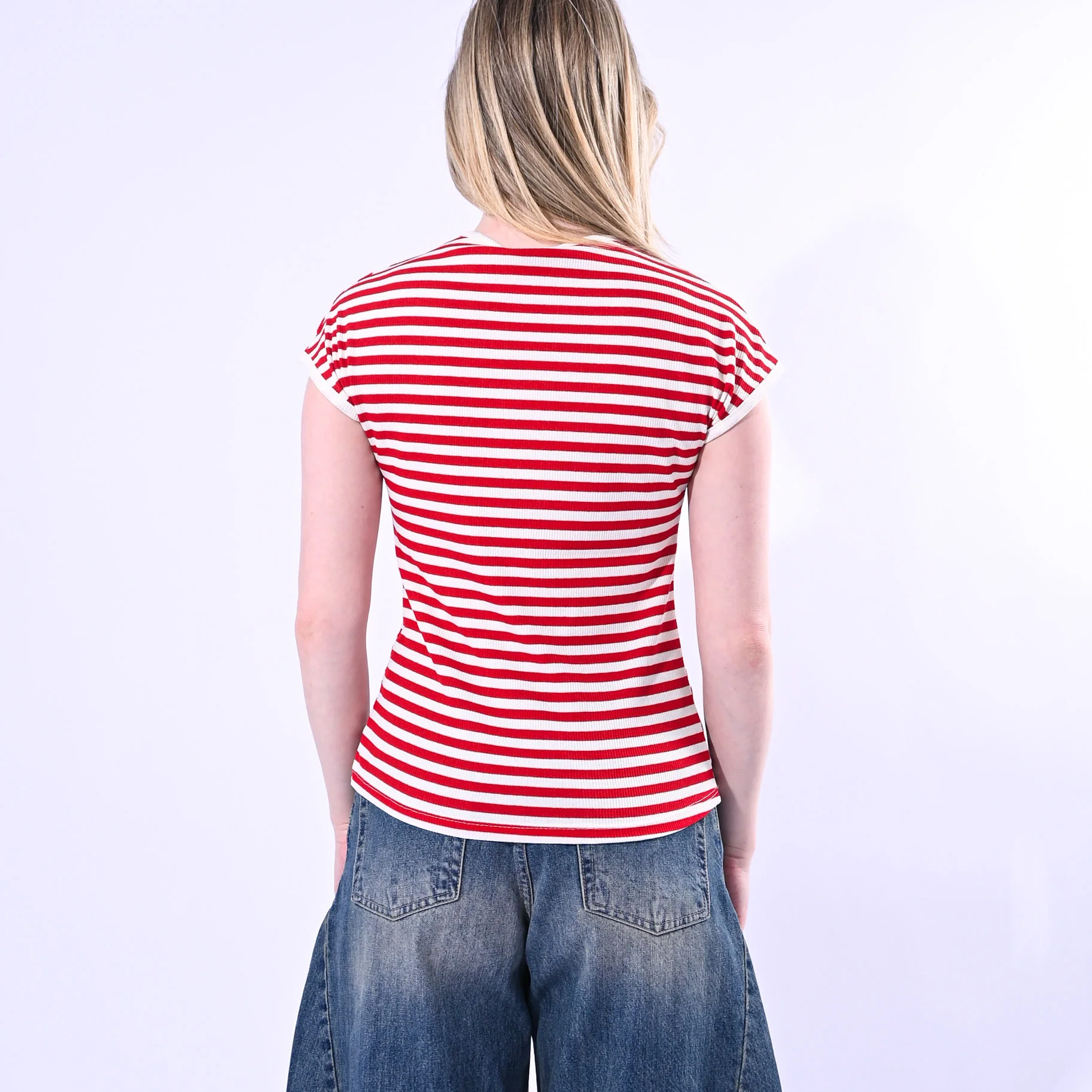 MOTEL - T-SHIRT GIROCOLLO COSTINA A RIGHE ART. 1304J/PR - PANNA/ROSSO - Image 4