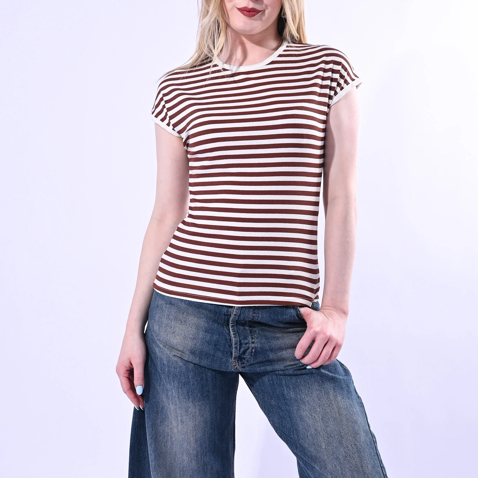 MOTEL - T-SHIRT GIROCOLLO COSTINA A RIGHE ART. 1304J/PT - PANNA/TABACCO