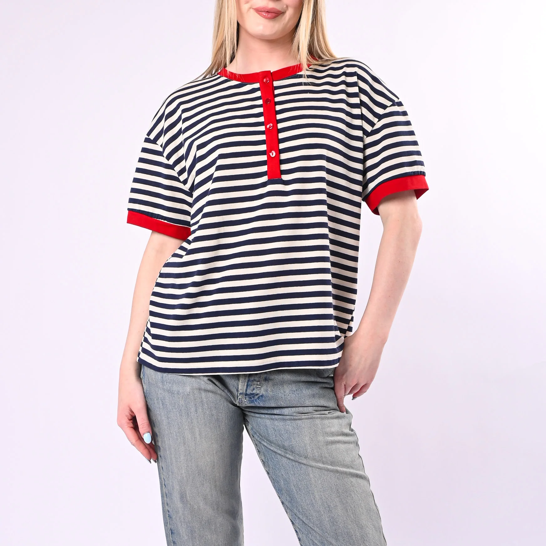 MOTEL - T-SHIRT SERAFINO A RIGHE ART.26M4812/PB - PANNA/BLU