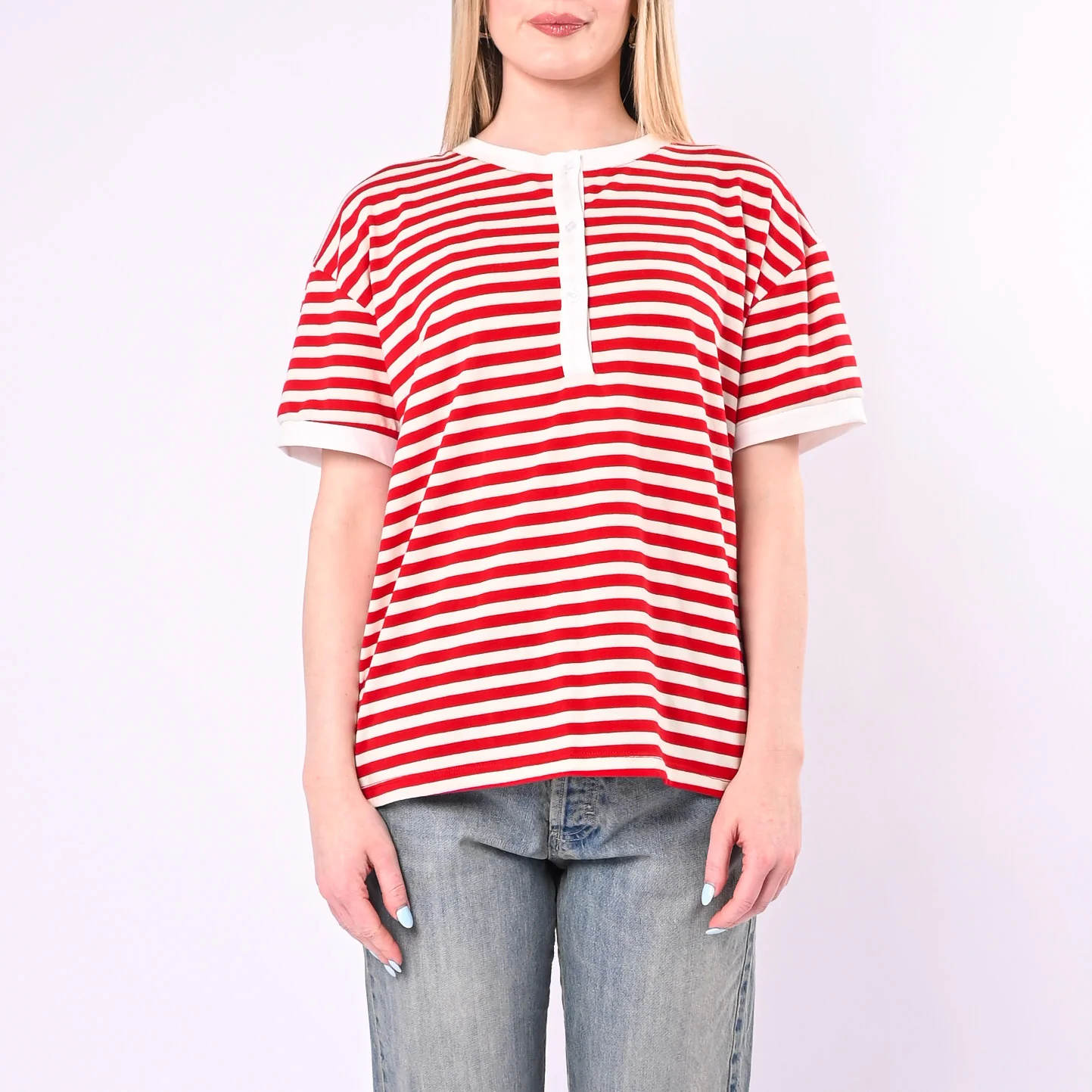 MOTEL - T-SHIRT SERAFINO A RIGHE ART.26M4812/PR - PANNA/ROSSO - Image 2