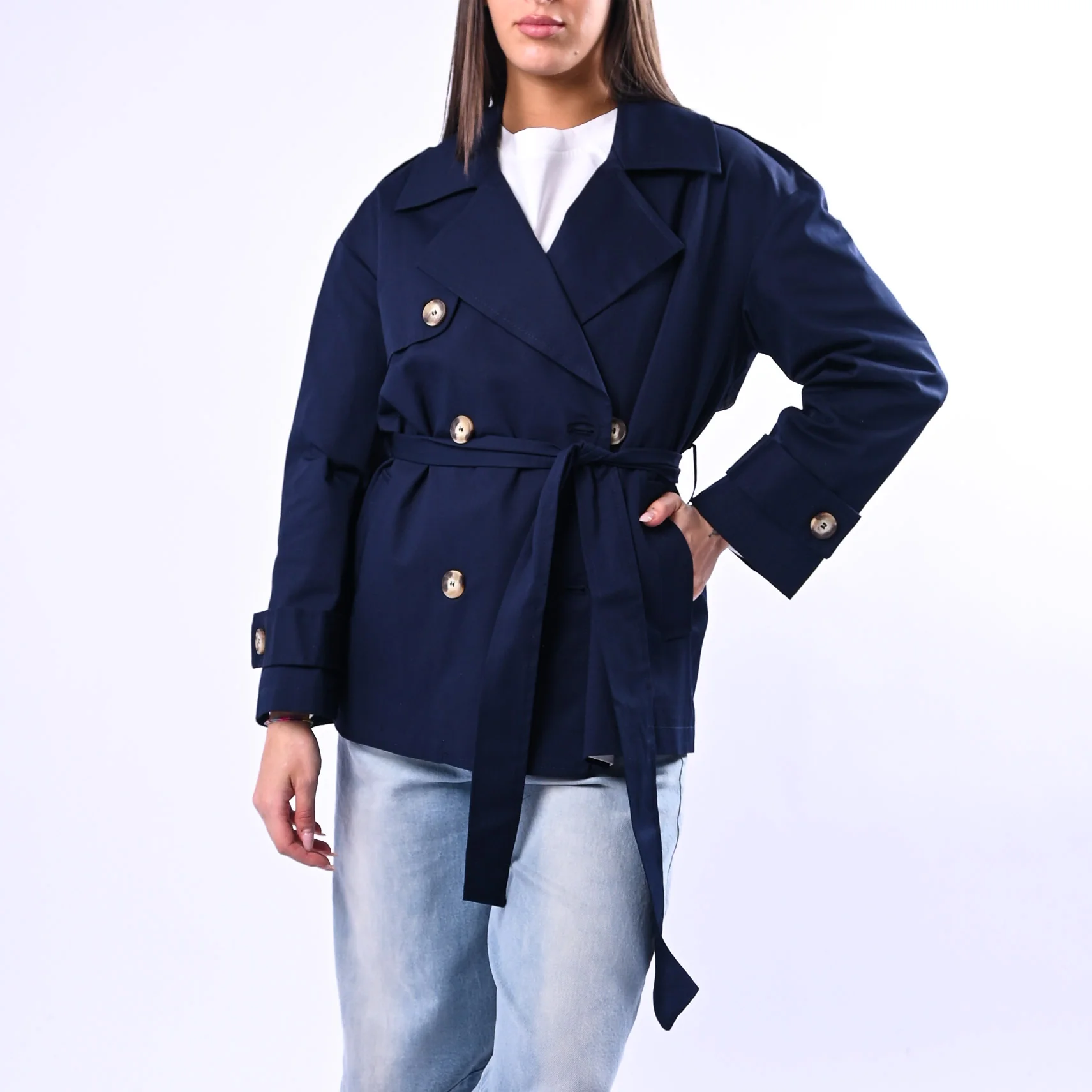 MOTEL - TRENCH CORTO DOPPIOPETTO CON CINTURA ART.CP34CT - BLU