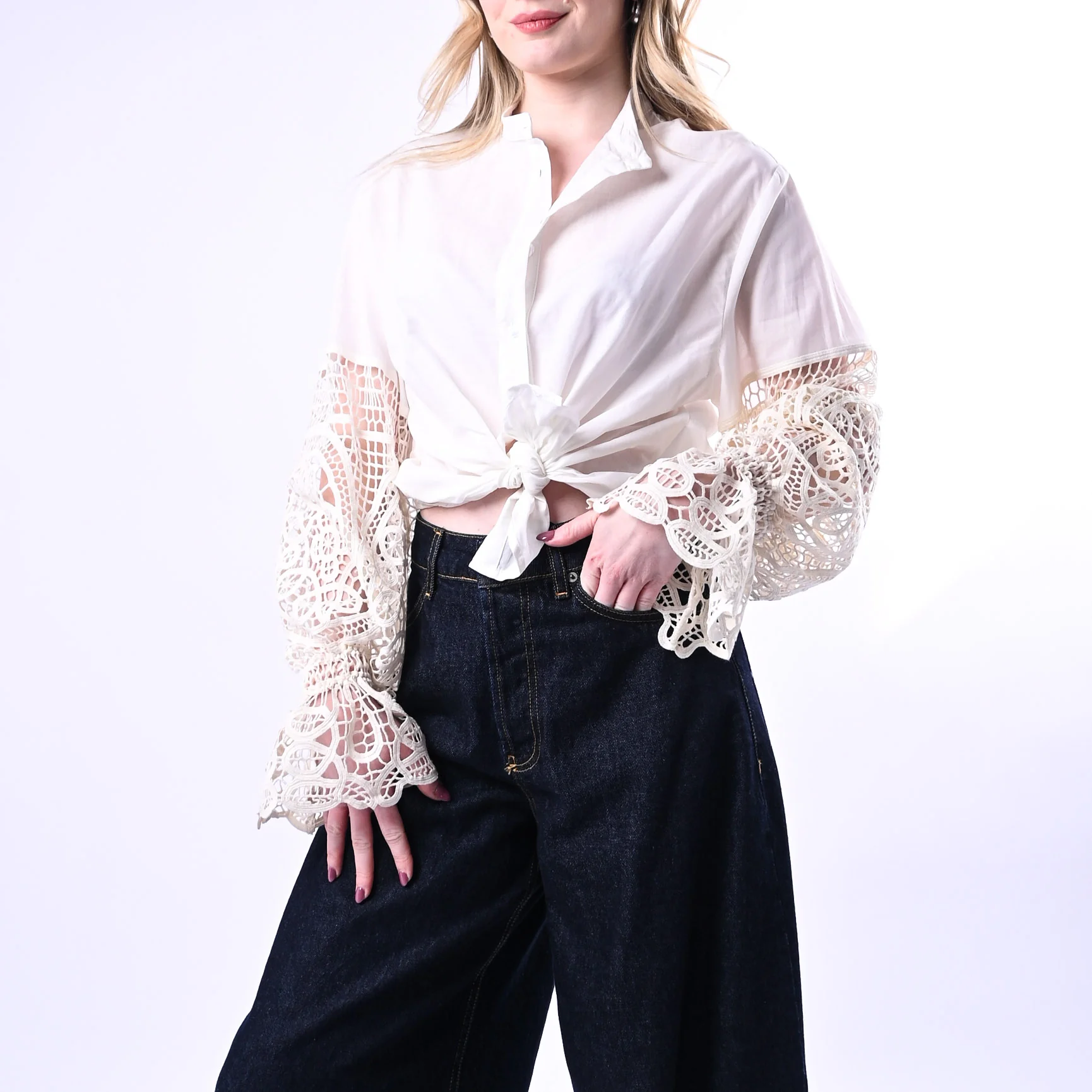 PHILIA LOFT - CAMICA MUSSOLA CON MANICHE CROCHET ART.V02A0744 - BIANCO